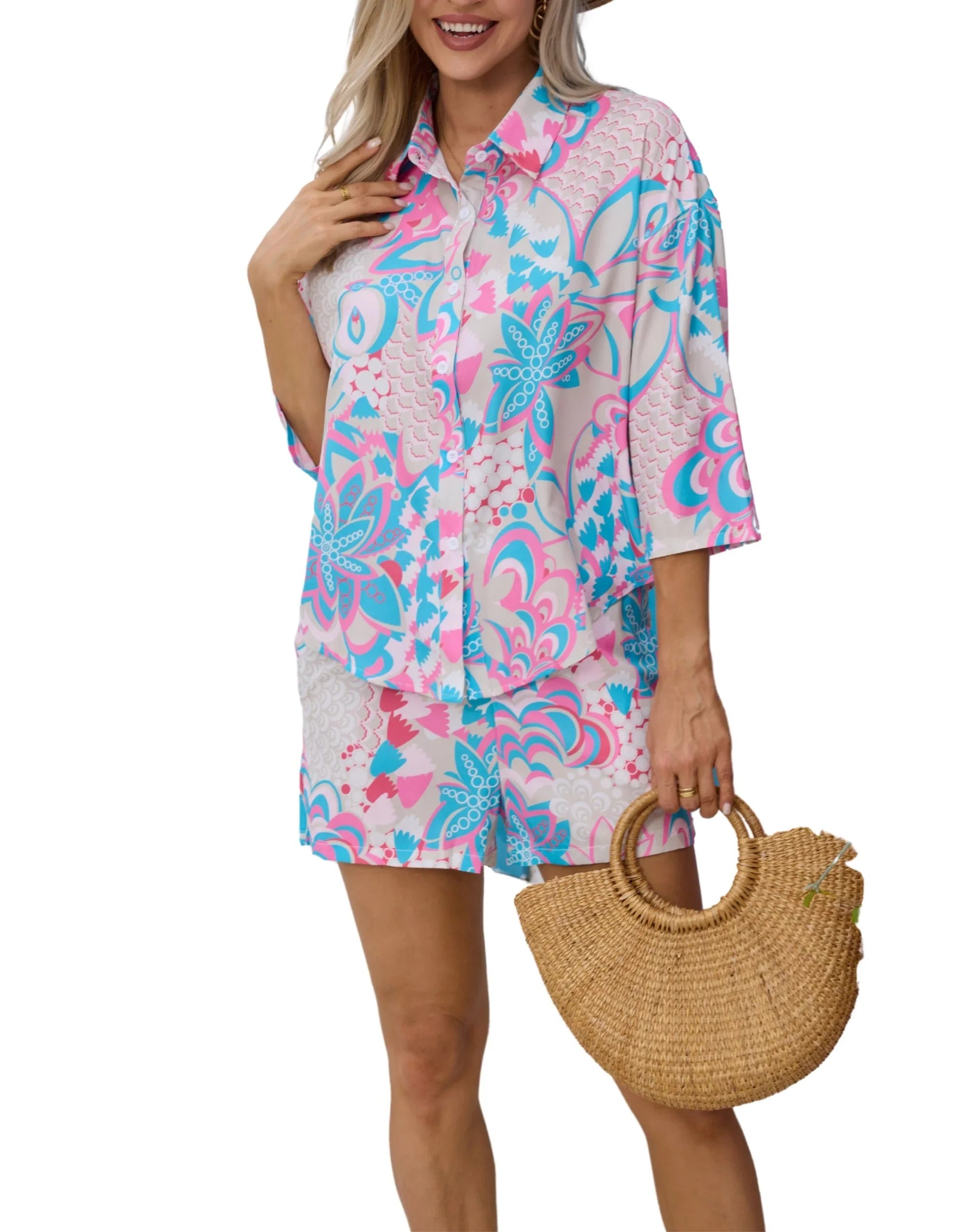 HOKONA Women's Summer Floral Print Two Piece Set Short Sleeve Button Down Top Elastic Shorts - HOKONA