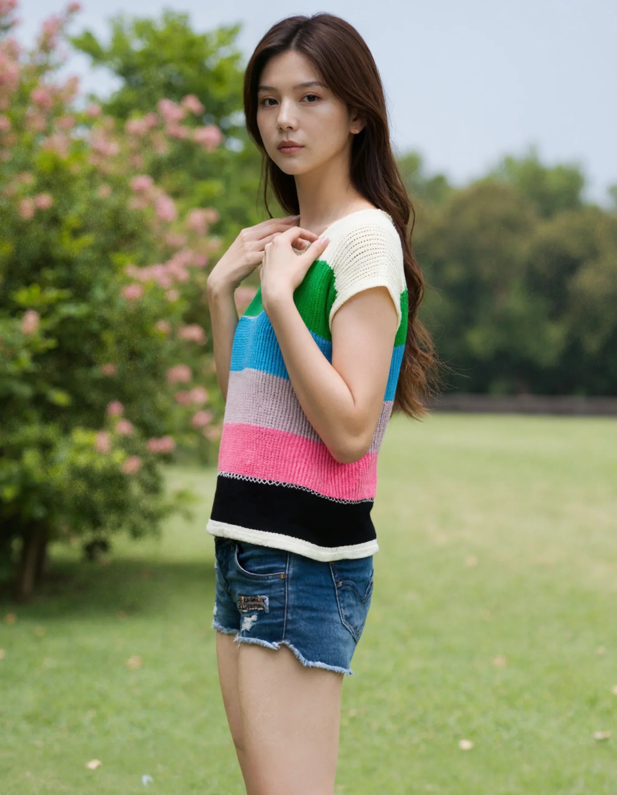 Vibrant Rainbow Striped Knit Short-Sleeve Blouse