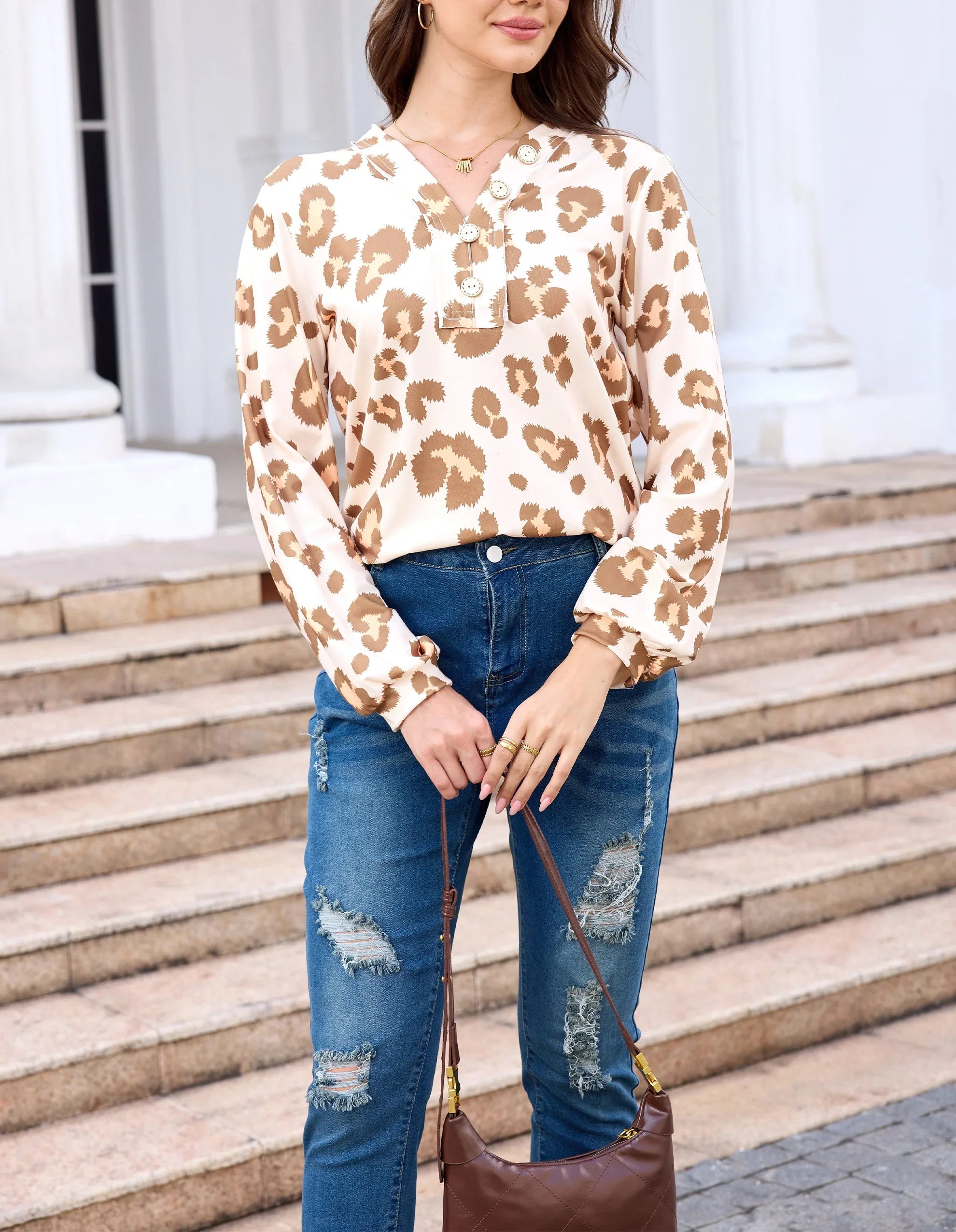 Boho Blouses for Women Dressy Casual Leopard Print Long Sleeve Shirts V Neck Lightweight Chiffon Summer Spring Tops - HOKONA