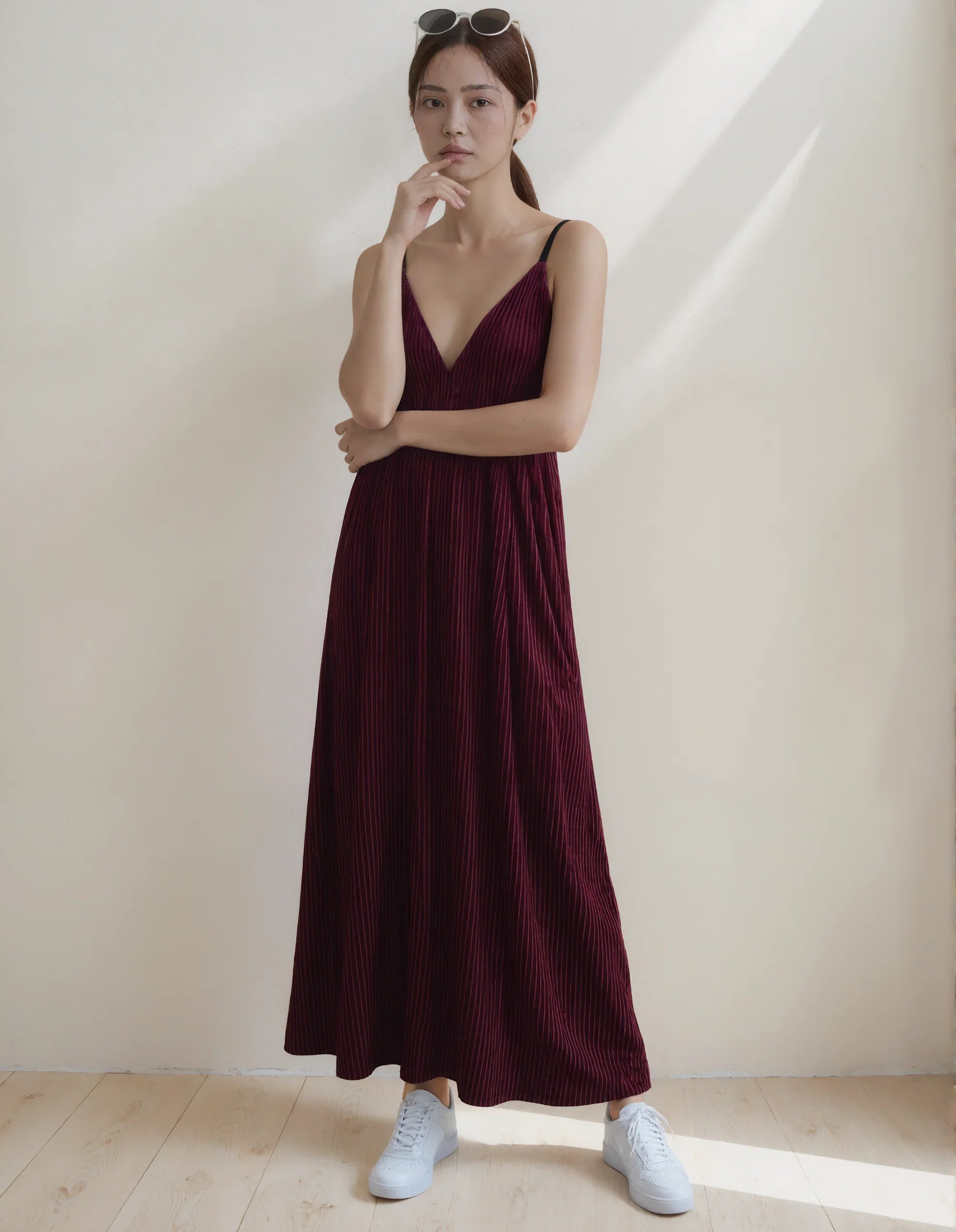 Burgundy Velvet Spaghetti Strap Pleated Maxi Dress