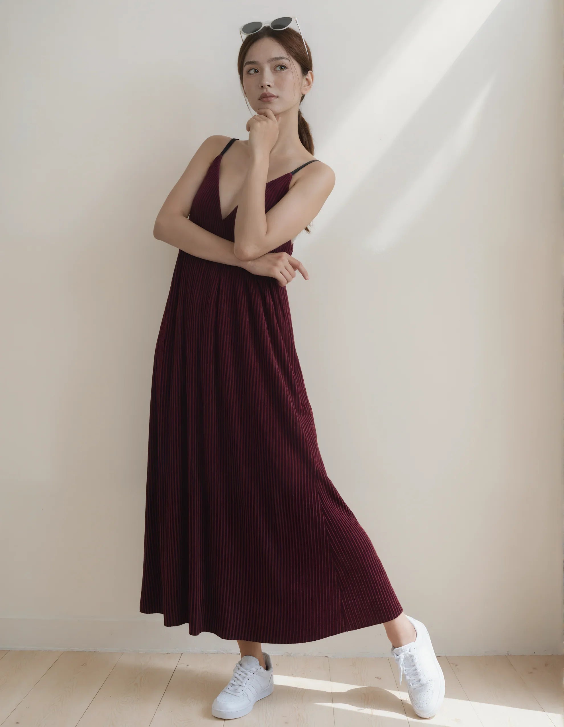 Burgundy Velvet Spaghetti Strap Pleated Maxi Dress