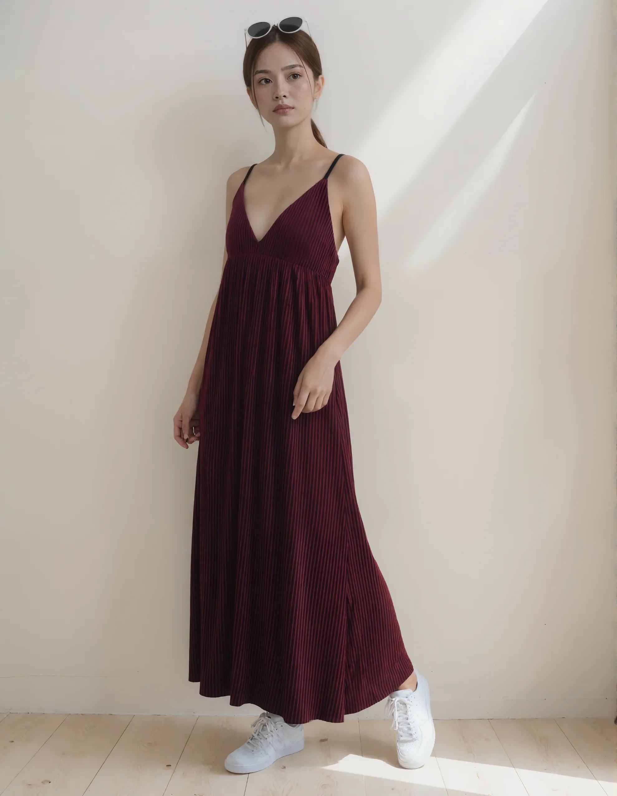 Burgundy Velvet Spaghetti Strap Pleated Maxi Dress