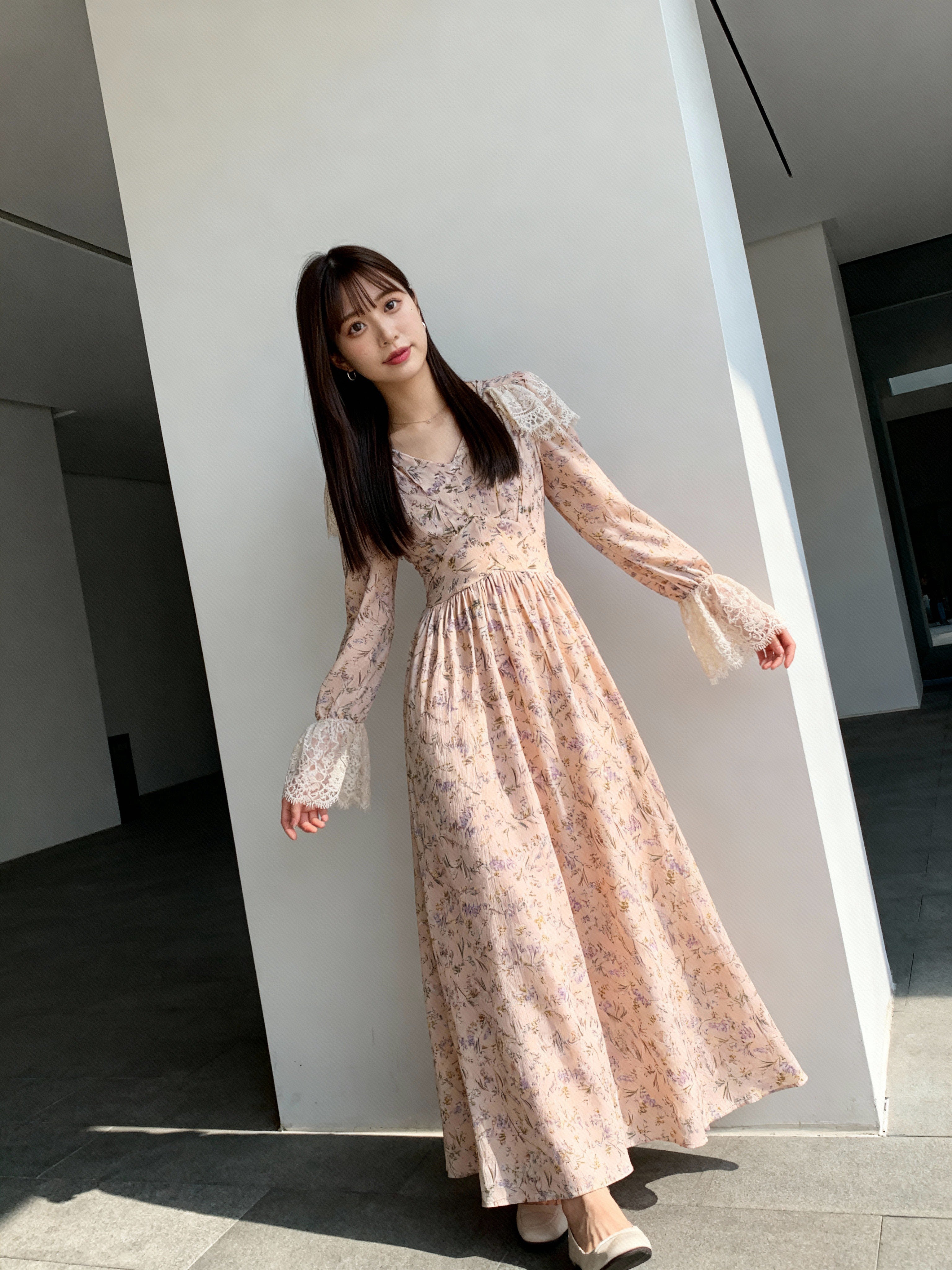 Women's Pink Floral Lace Boho Midi Dress