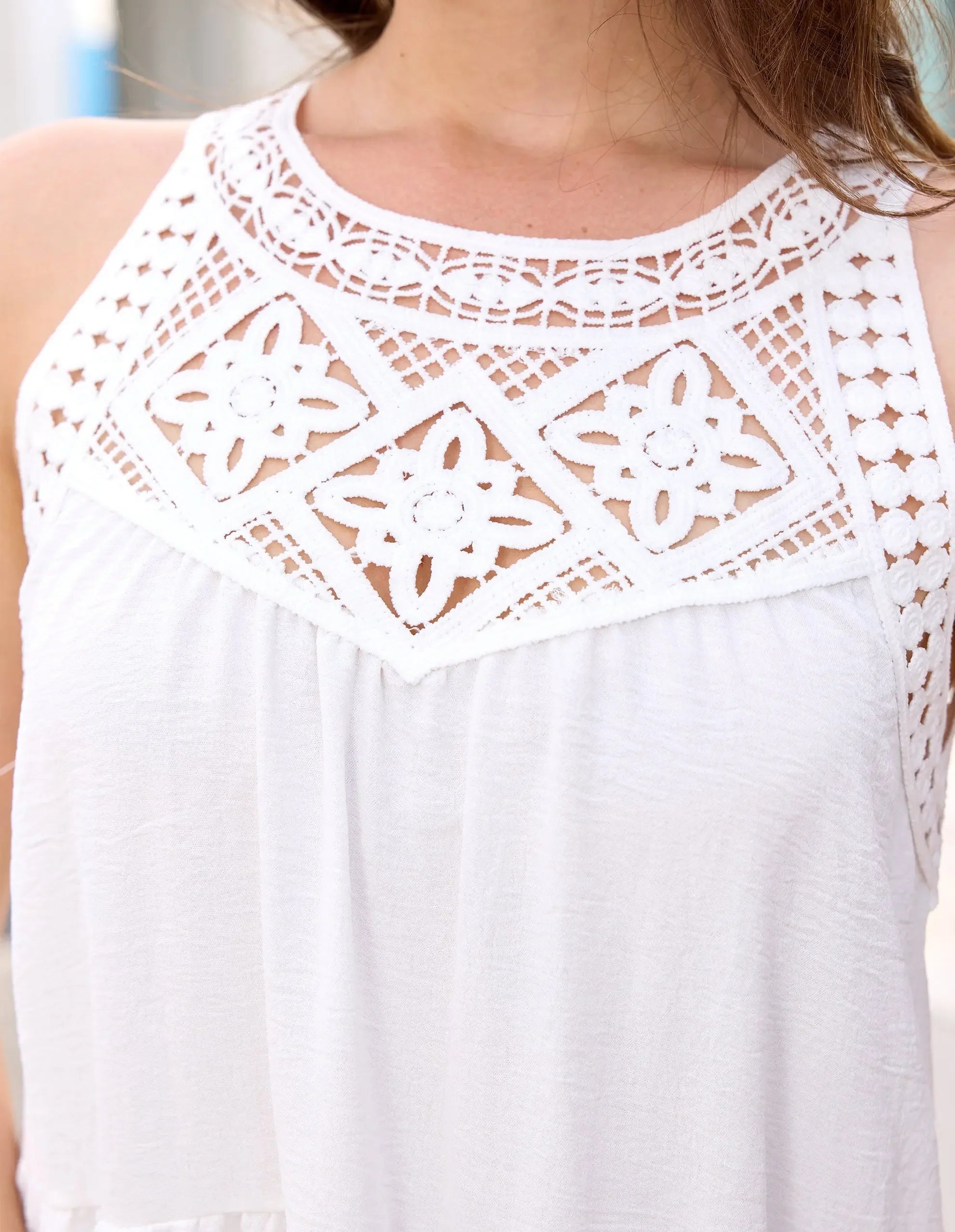 Women's White Crochet Tiered Sleeveless Dress - HOKONA