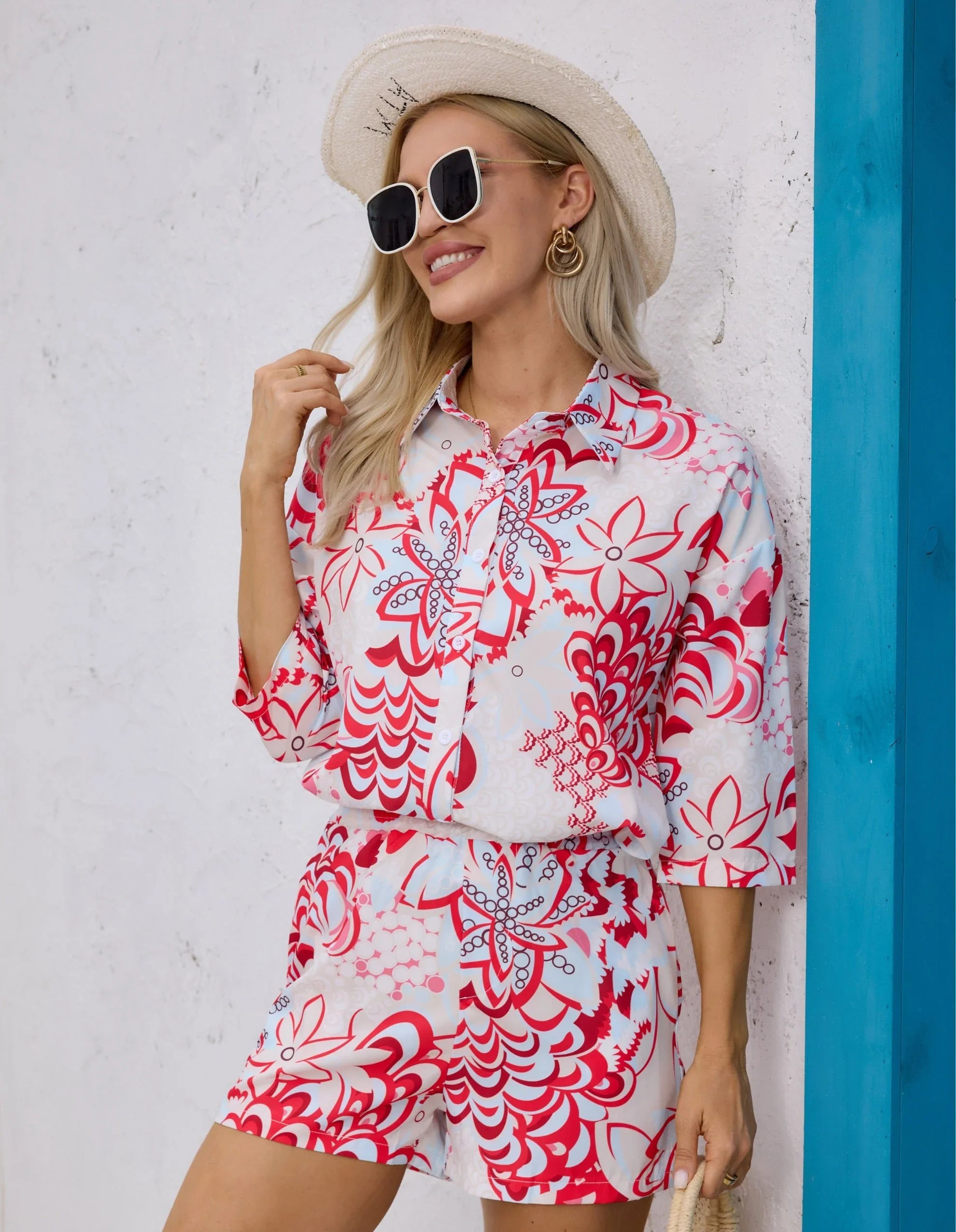 HOKONA Women's Summer Floral Print Two Piece Set Short Sleeve Button Down Top Elastic Shorts - HOKONA