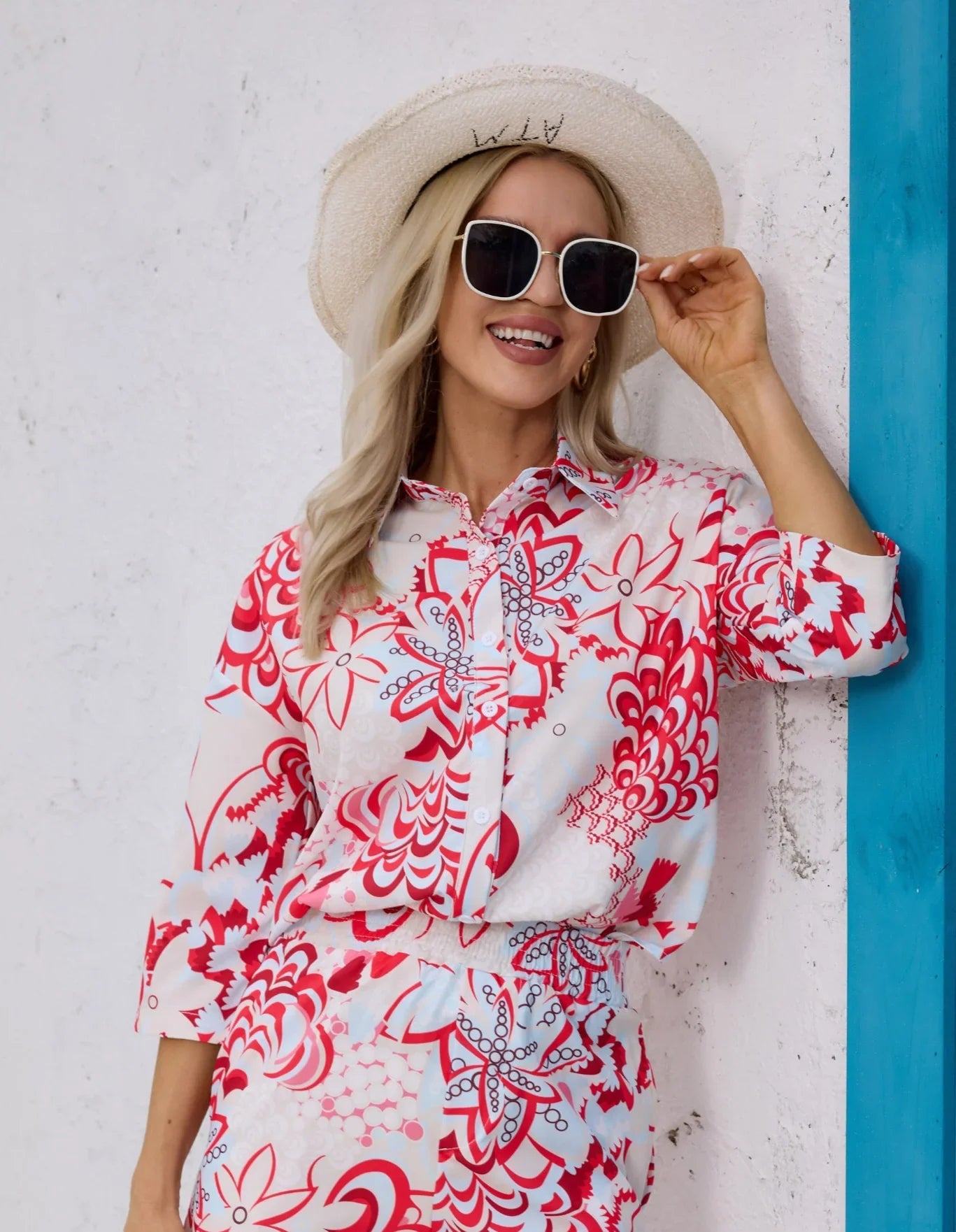 HOKONA Women's Summer Floral Print Two Piece Set Short Sleeve Button Down Top Elastic Shorts - HOKONA