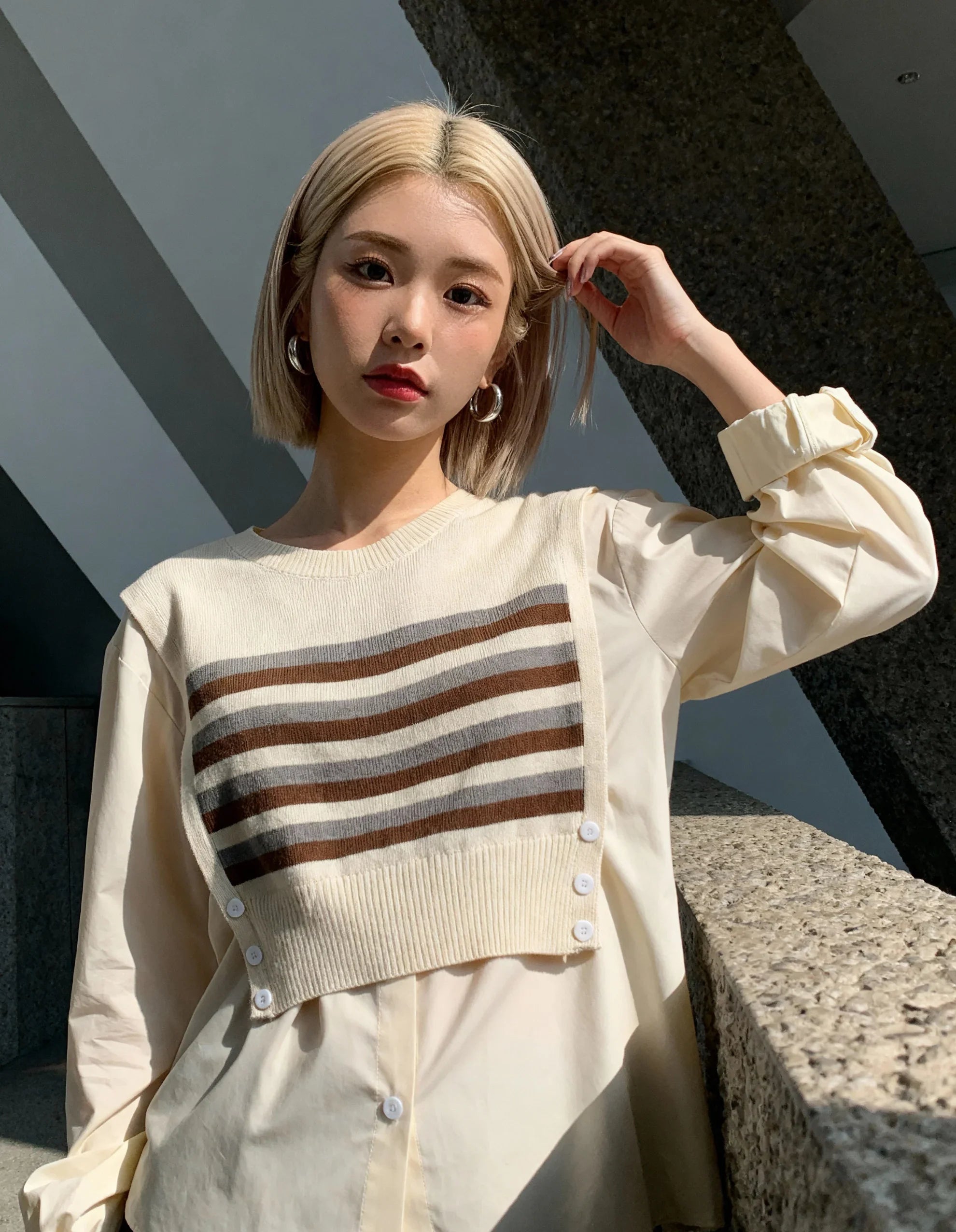 Retro Striped Button Front Knit Shirt