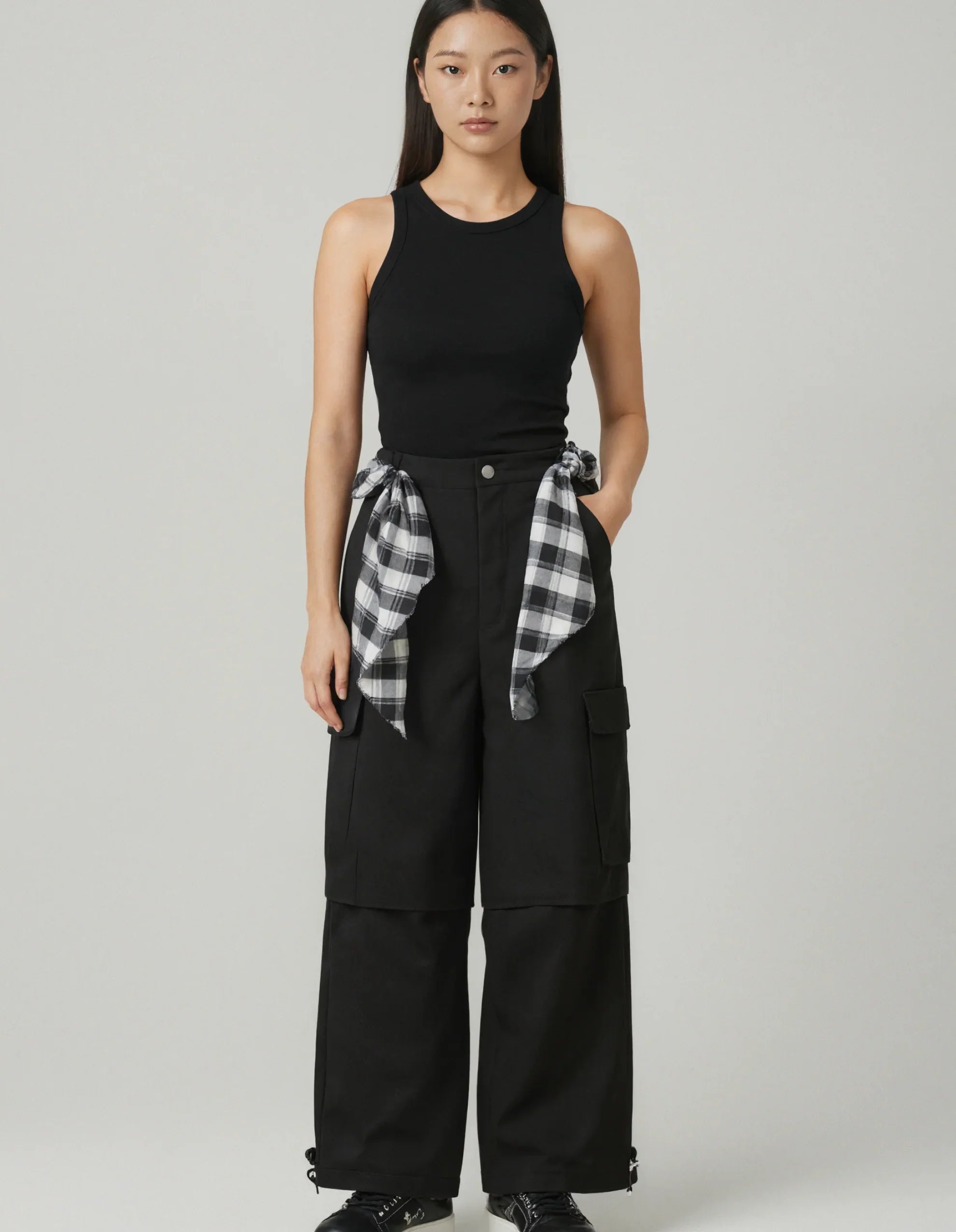 Plaid Tied Wide Leg Cargo Pants