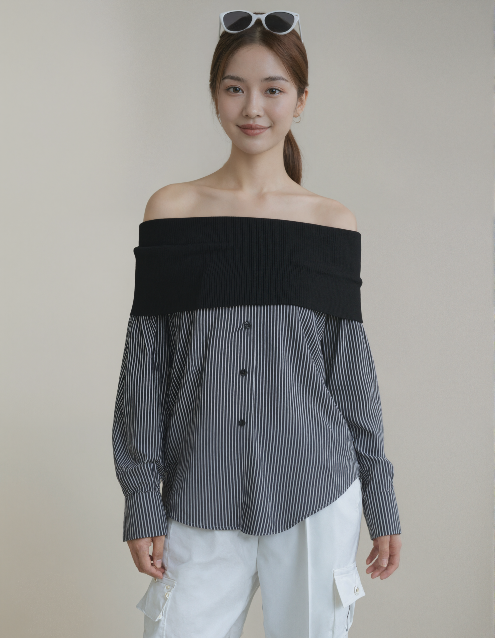 Fashion Off-Shoulder Striped Hybrid Blouse