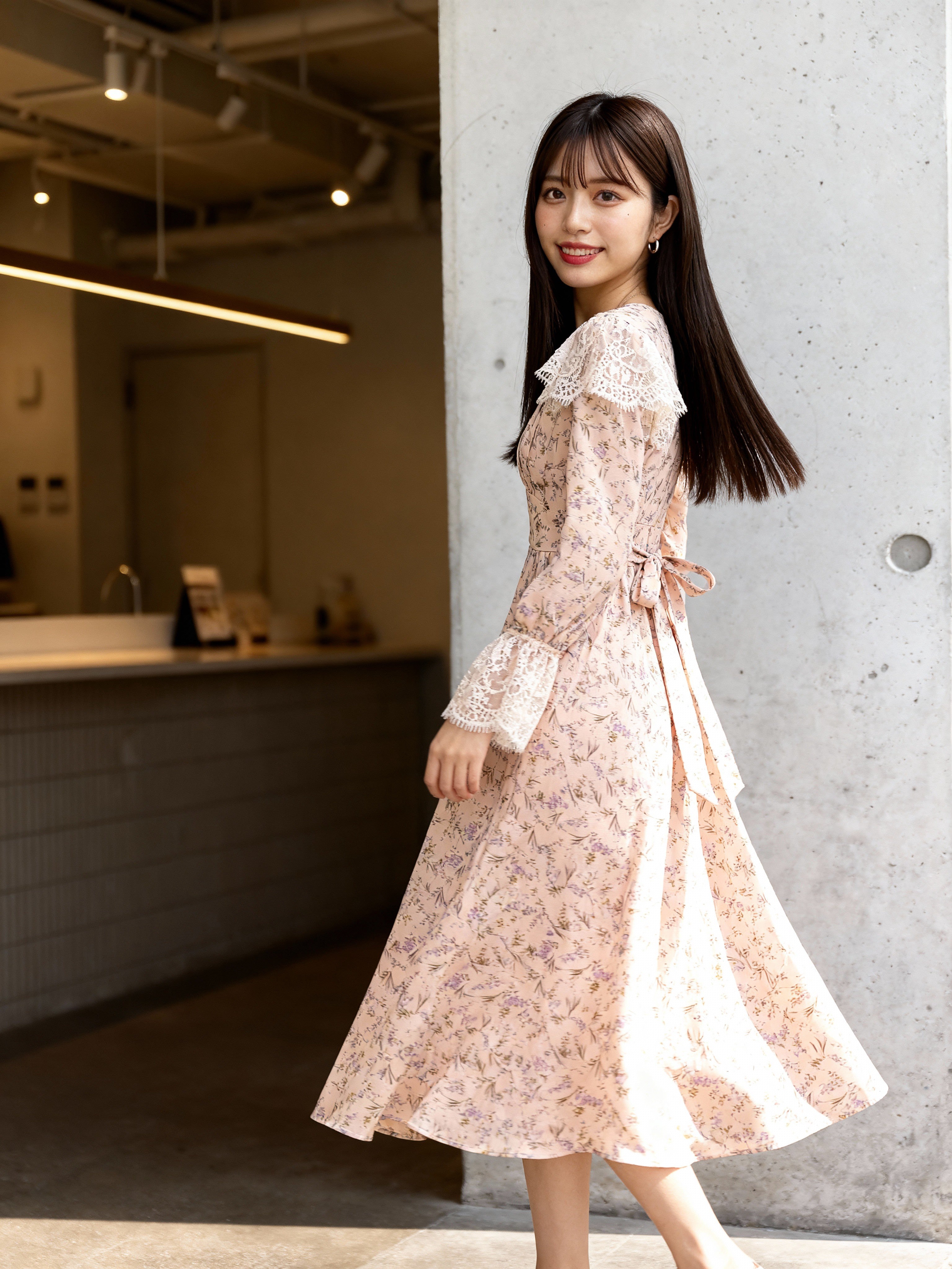 Women's Pink Floral Lace Boho Midi Dress