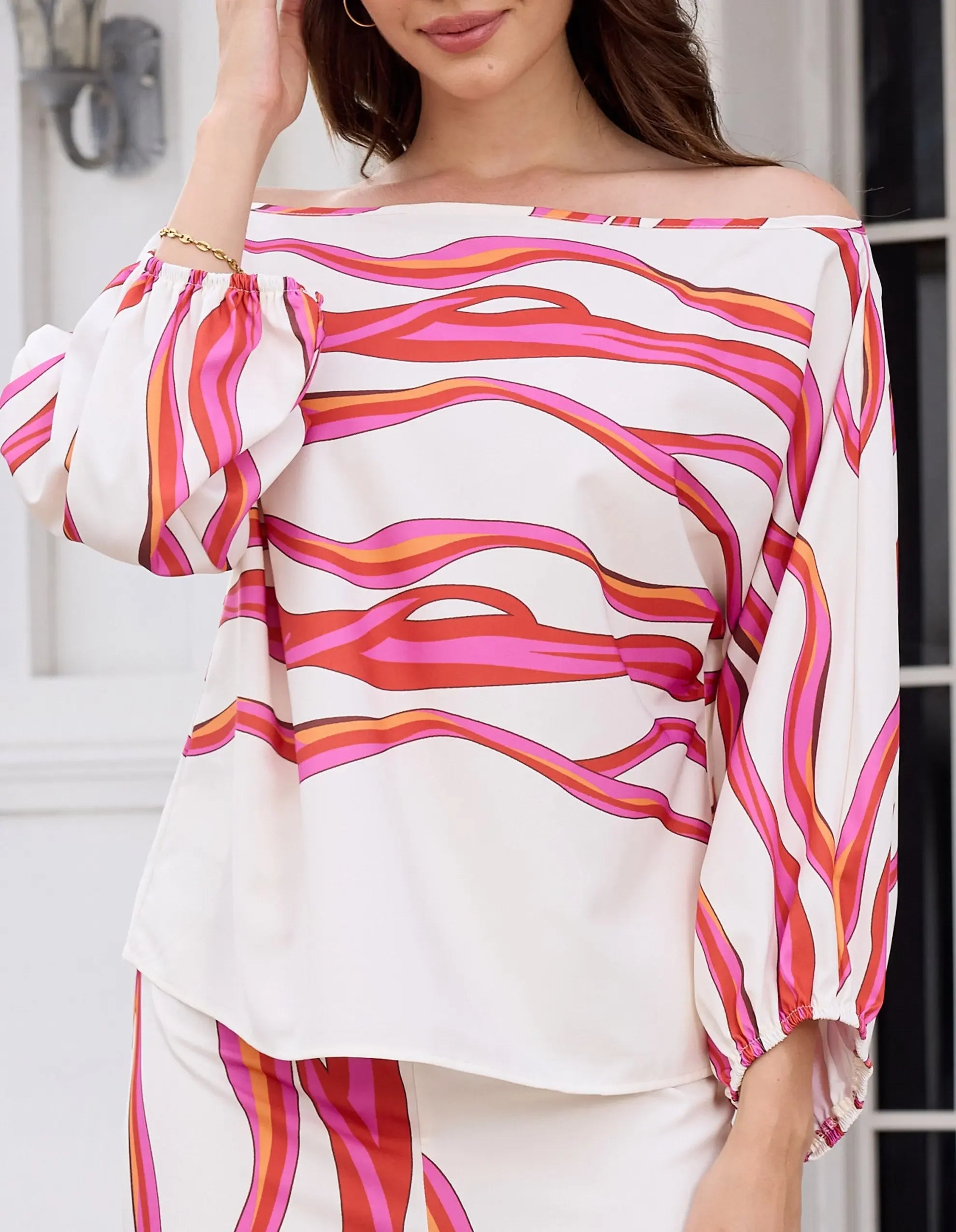 Women's Pink Wavy Striped Tops and Pants 2 - Piece Set - Pink & White Off - Shoulder Loose Fit Party Date Outfit - HOKONA