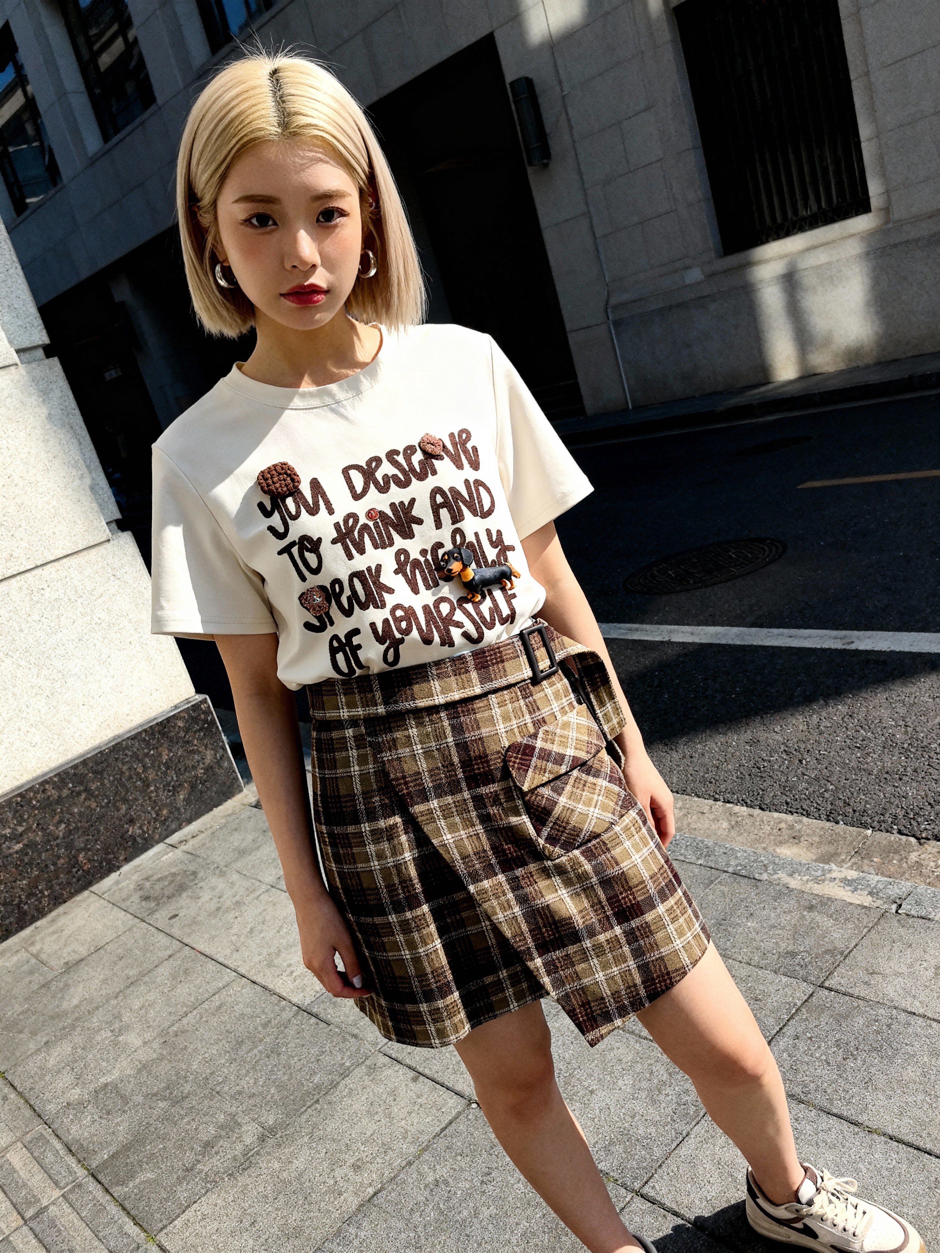 Women's Belted Plaid Asymmetric Mini Skirt