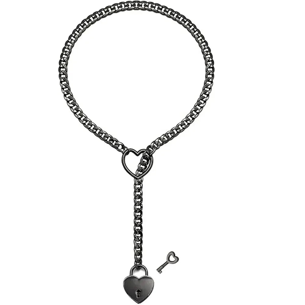 Adjustable Heart O - Ring Punk Rock Cuban Chain Necklace – Lariat Y - Style Necklace with Key & Heart Lock Pendant - HOKONA