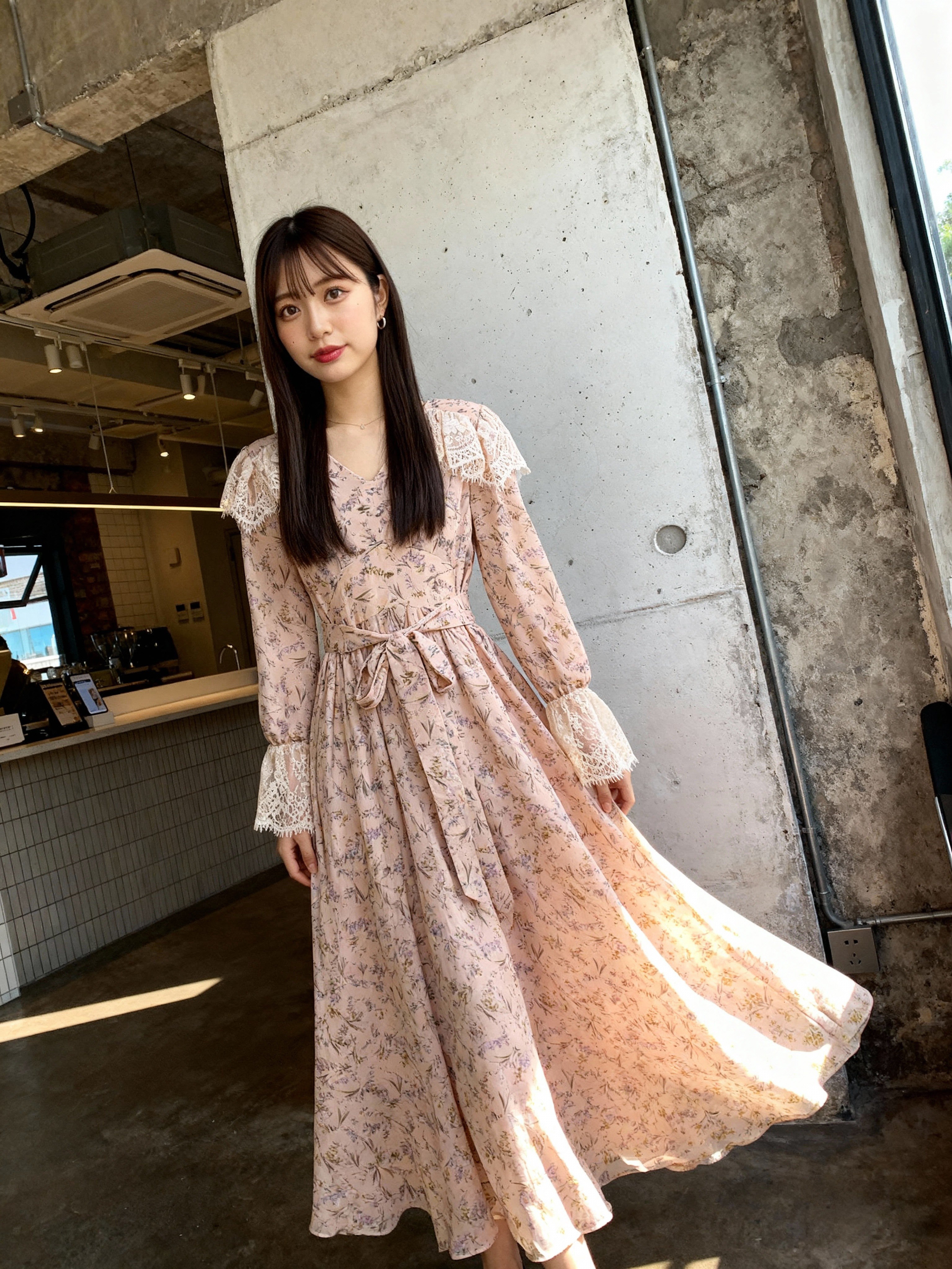 Women's Pink Floral Lace Boho Midi Dress