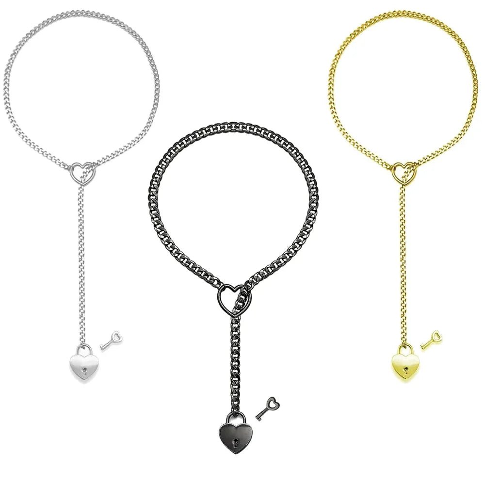 Adjustable Heart O - Ring Punk Rock Cuban Chain Necklace – Lariat Y - Style Necklace with Key & Heart Lock Pendant - HOKONA