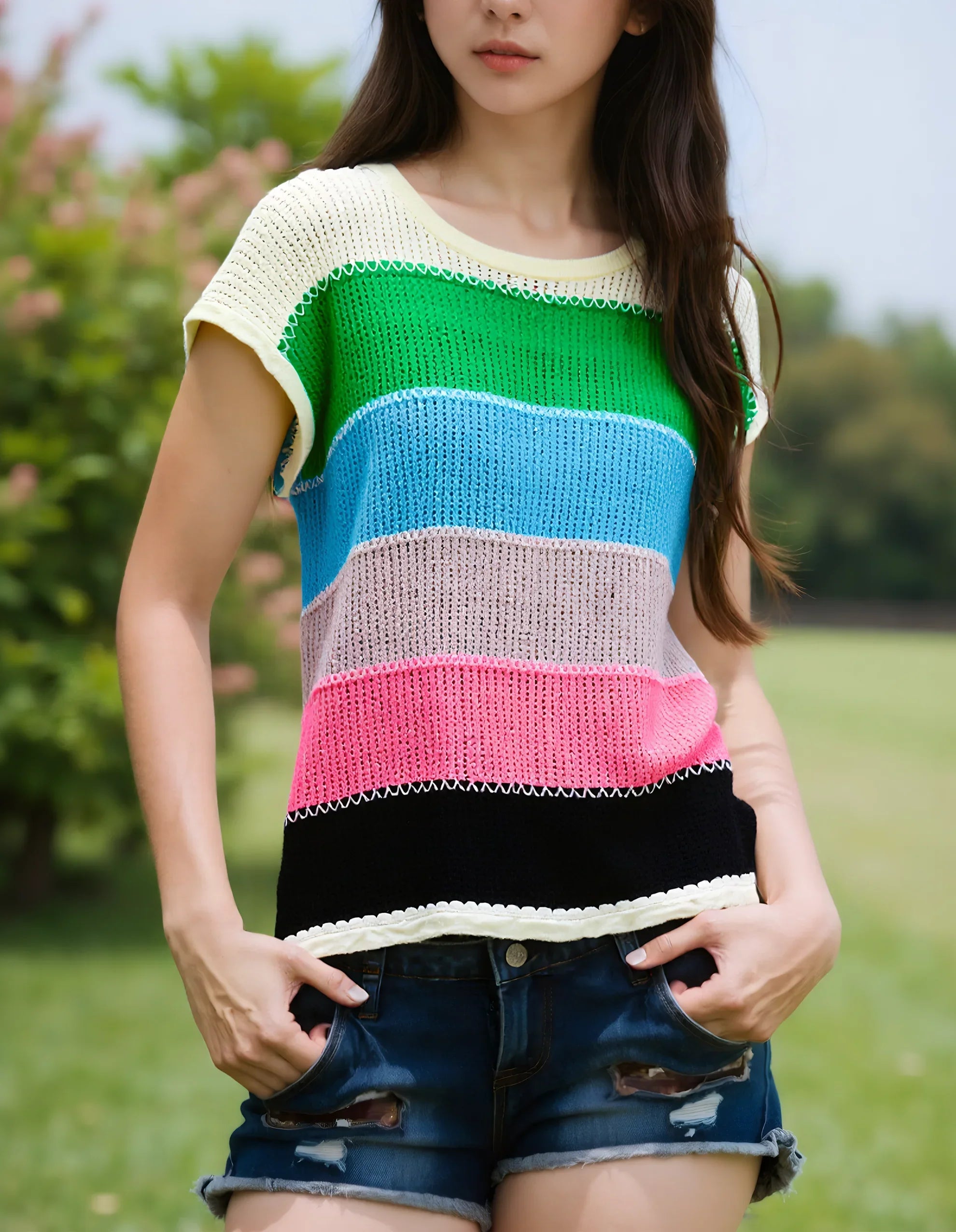 Vibrant Rainbow Striped Knit Short-Sleeve Blouse