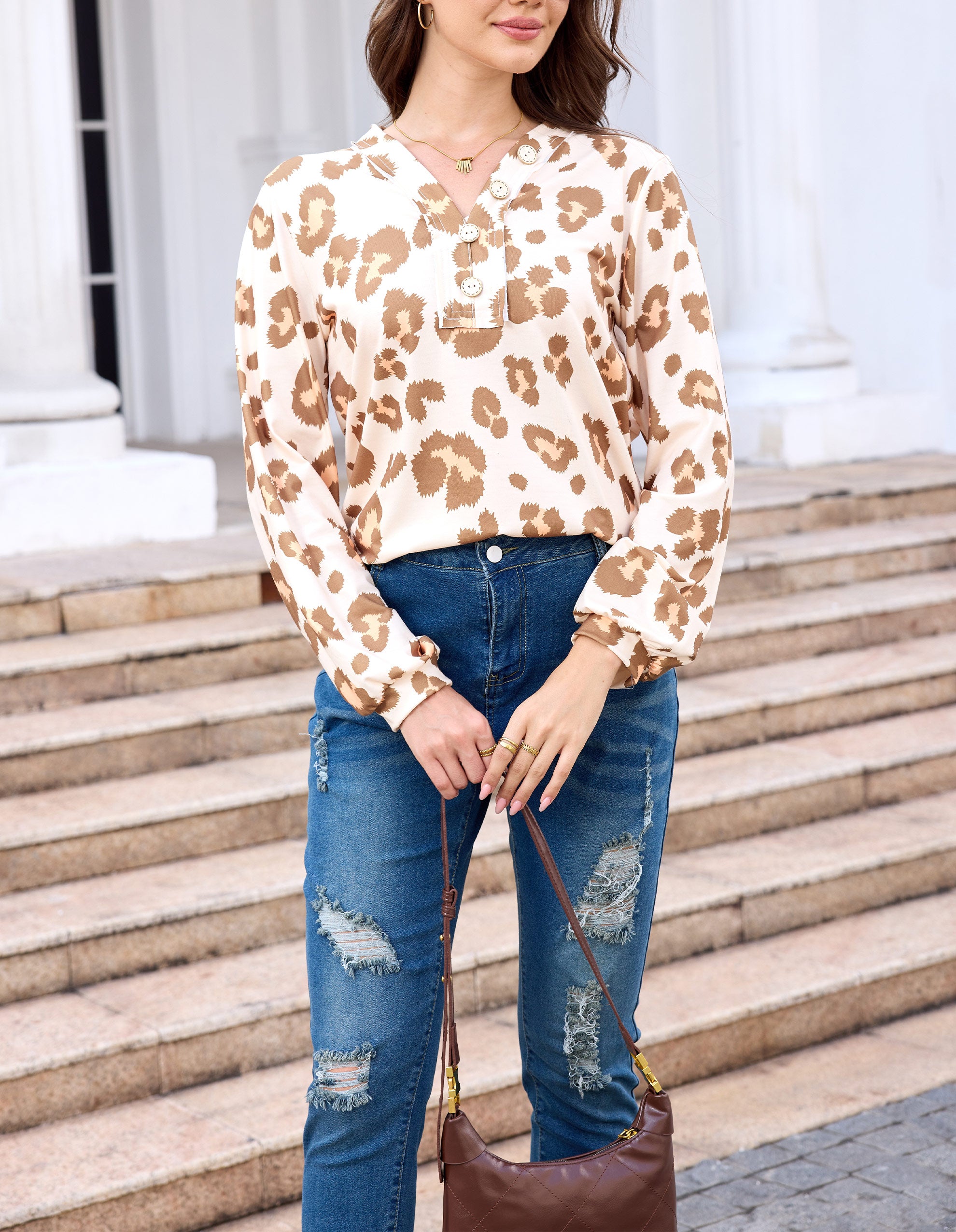 Boho Blouses for Women Dressy Casual Leopard Print Long Sleeve Shirts V Neck Lightweight Chiffon Summer Spring Tops - HOKONA