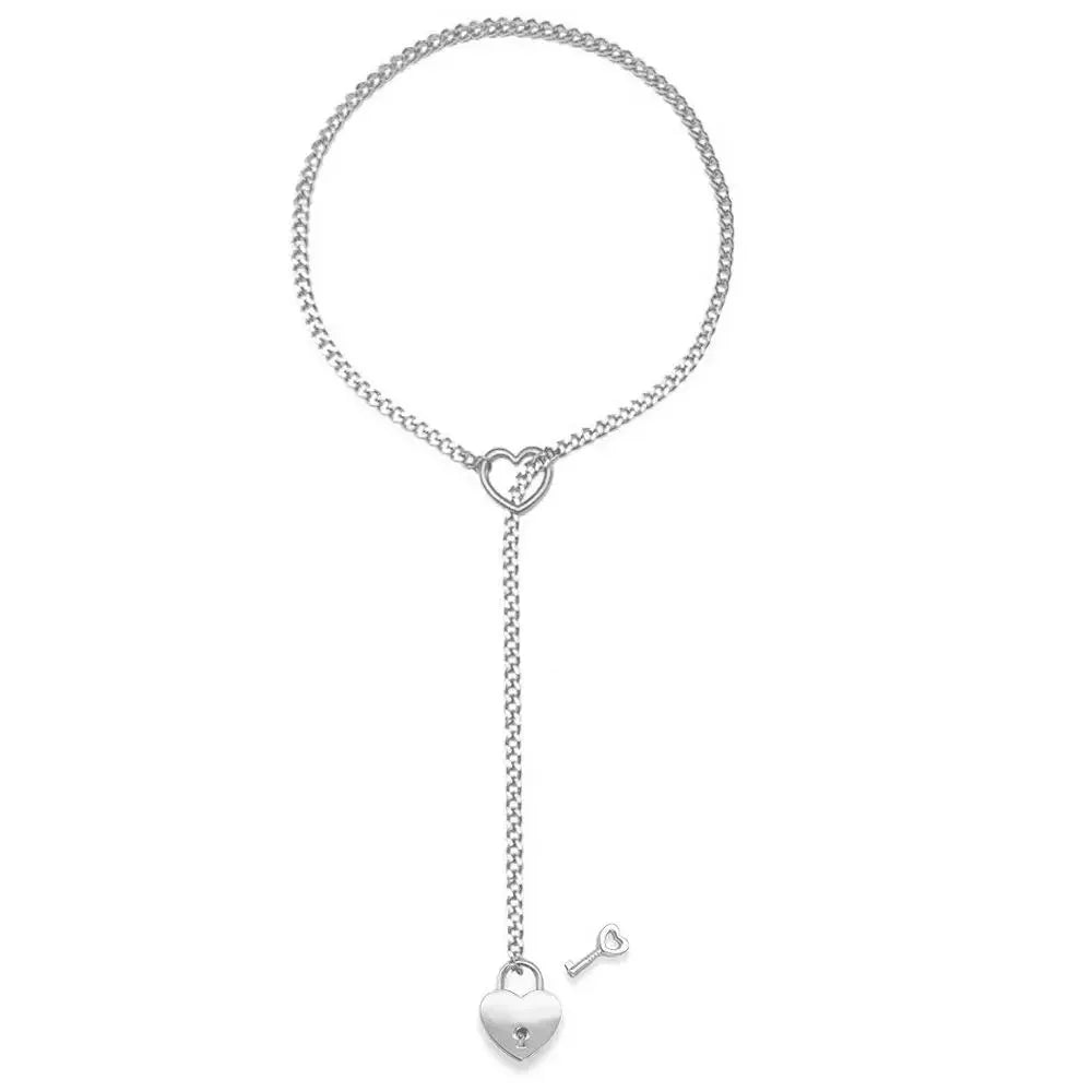 Adjustable Heart O - Ring Punk Rock Cuban Chain Necklace – Lariat Y - Style Necklace with Key & Heart Lock Pendant - HOKONA