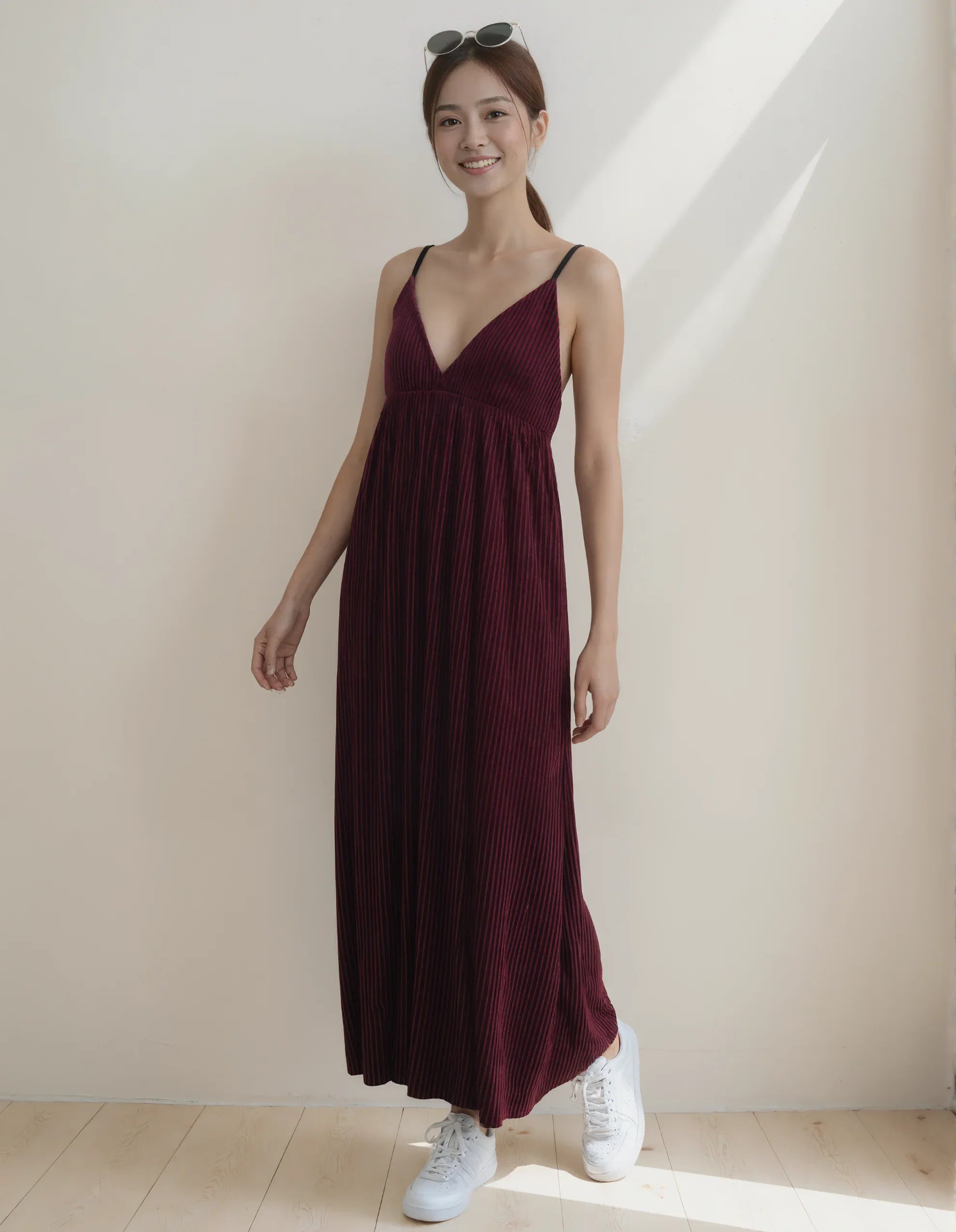 Burgundy Velvet Spaghetti Strap Pleated Maxi Dress