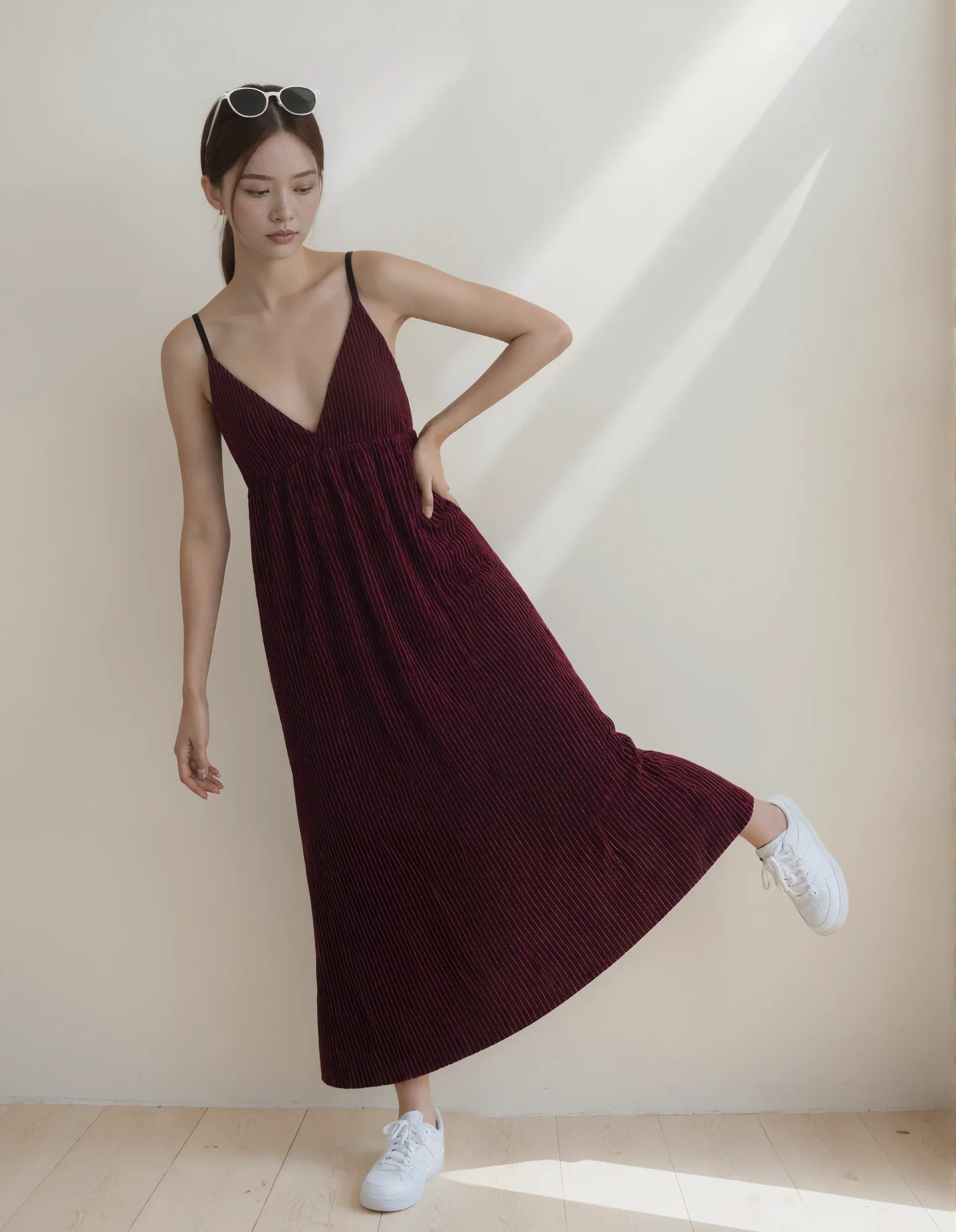 Burgundy Velvet Spaghetti Strap Pleated Maxi Dress