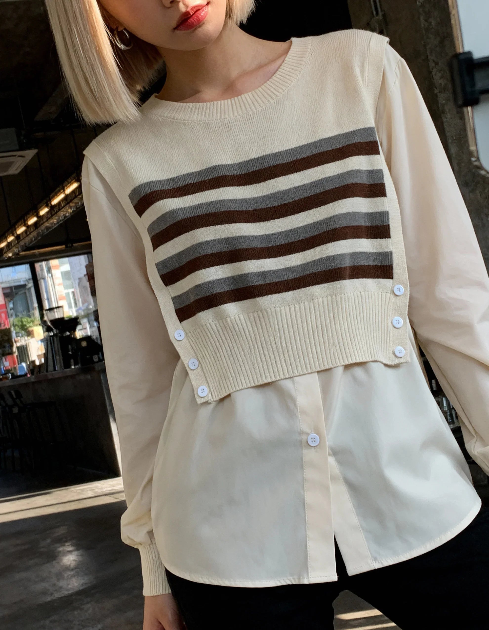 Retro Striped Button Front Knit Shirt