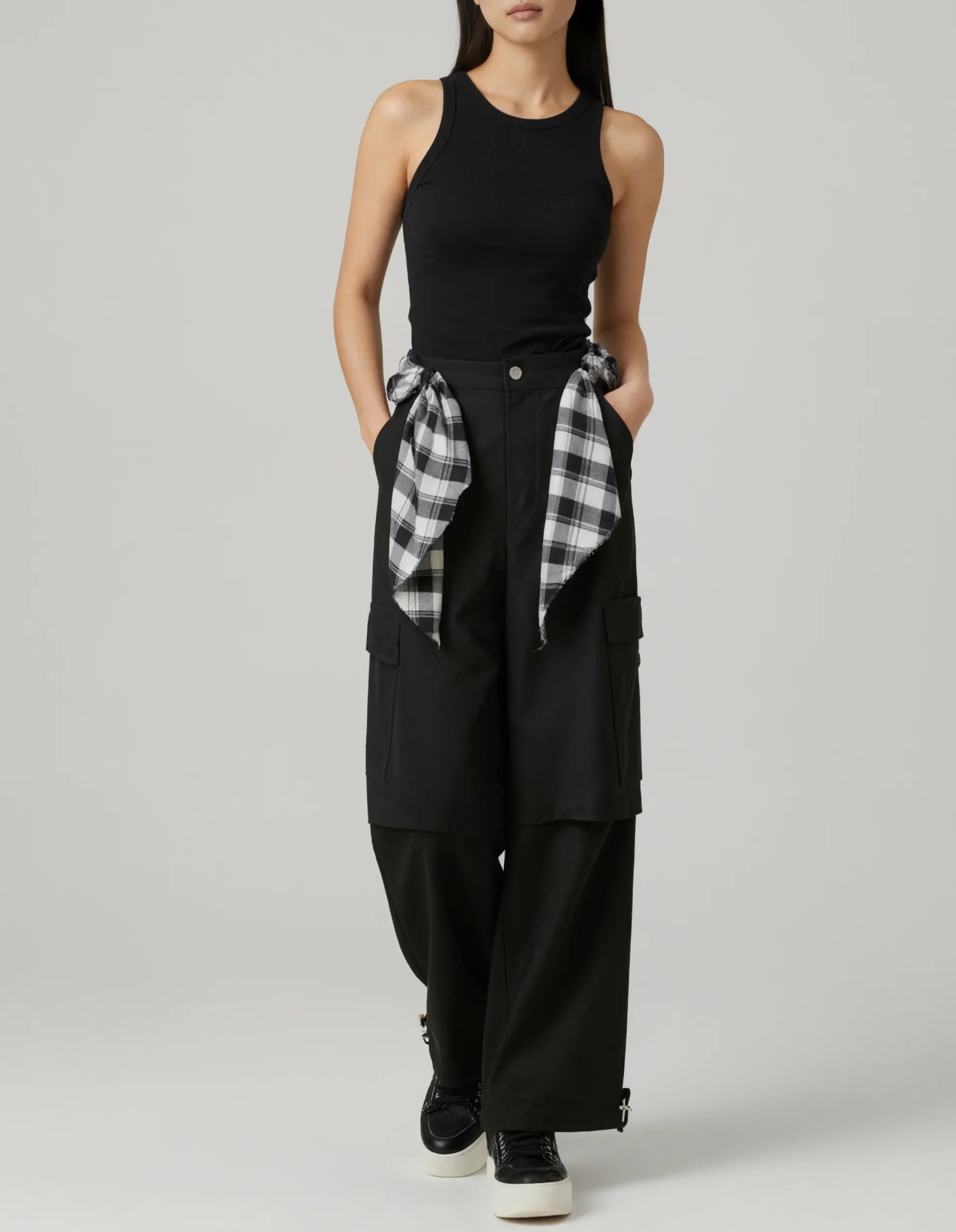 Plaid Tied Wide Leg Cargo Pants