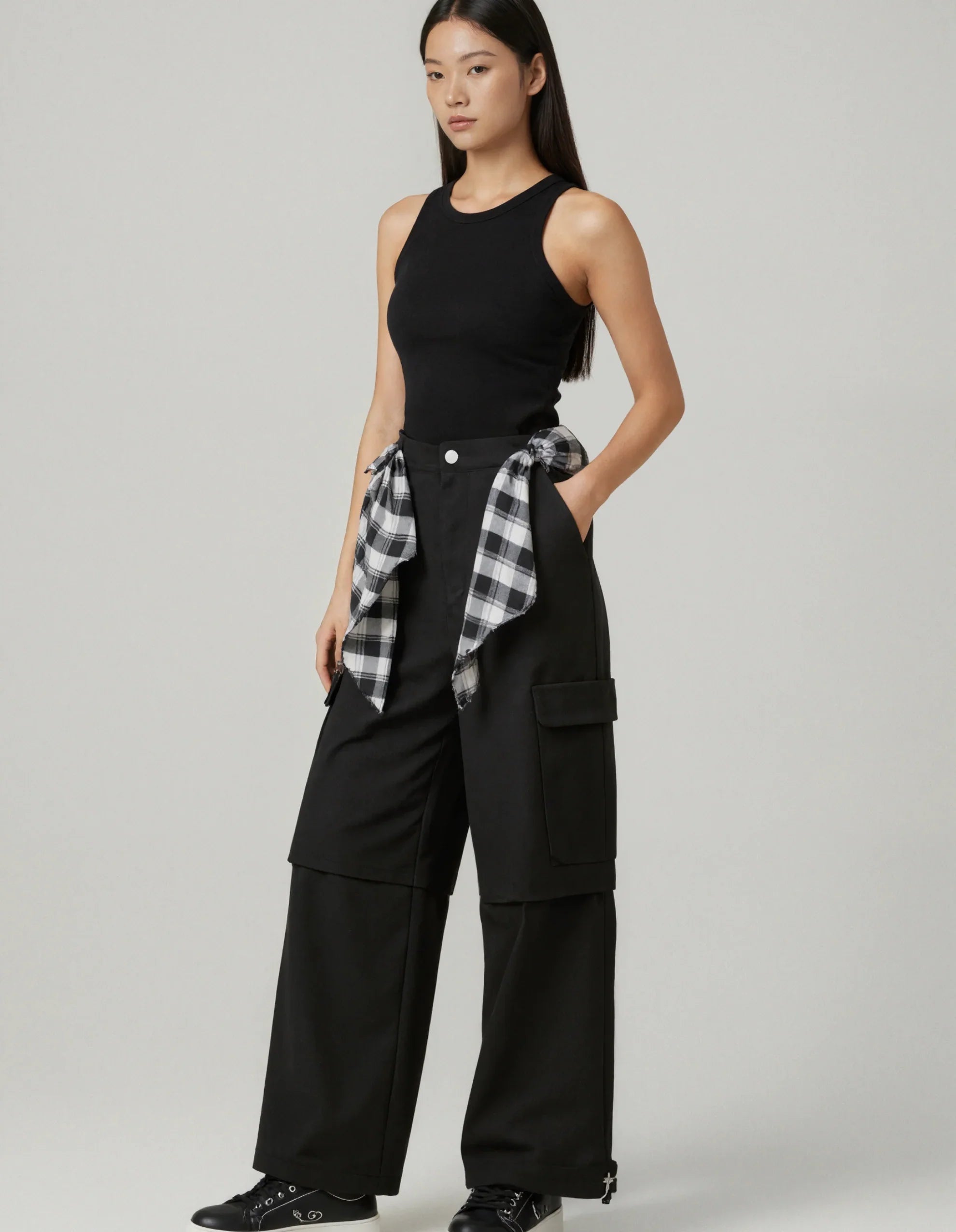 Plaid Tied Wide Leg Cargo Pants