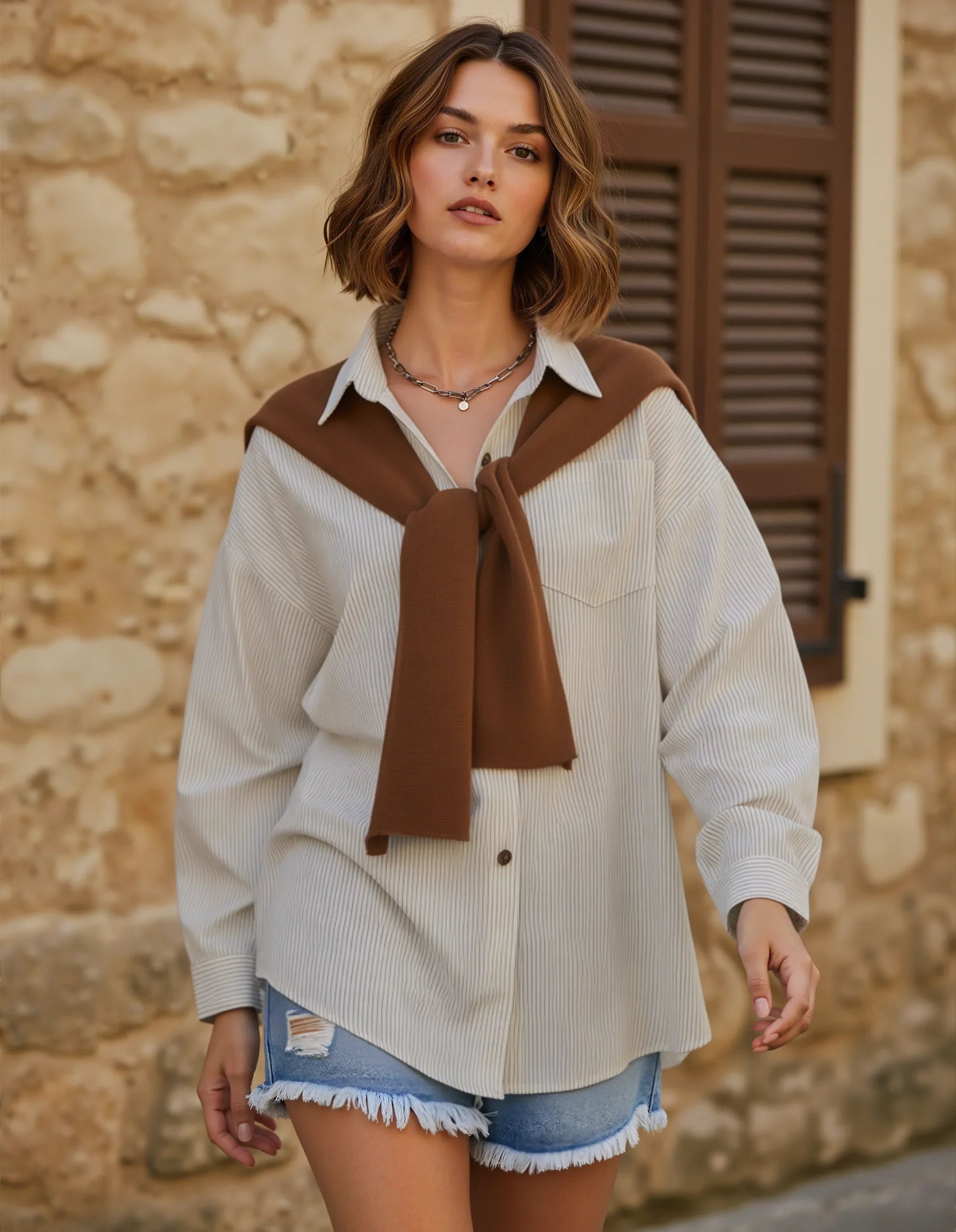 Preppy Striped Button Up with Tied Sweater