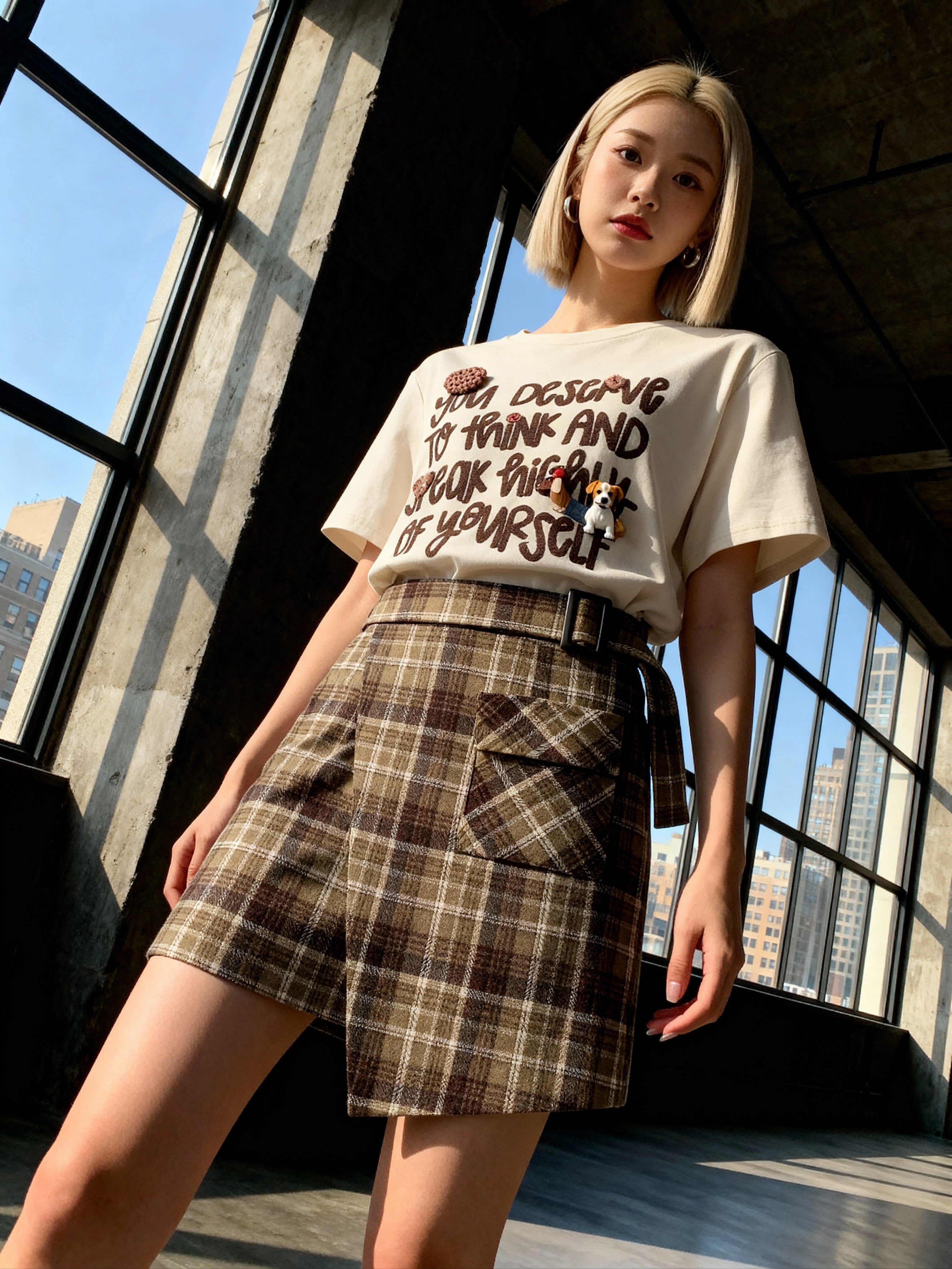 Women's Belted Plaid Asymmetric Mini Skirt