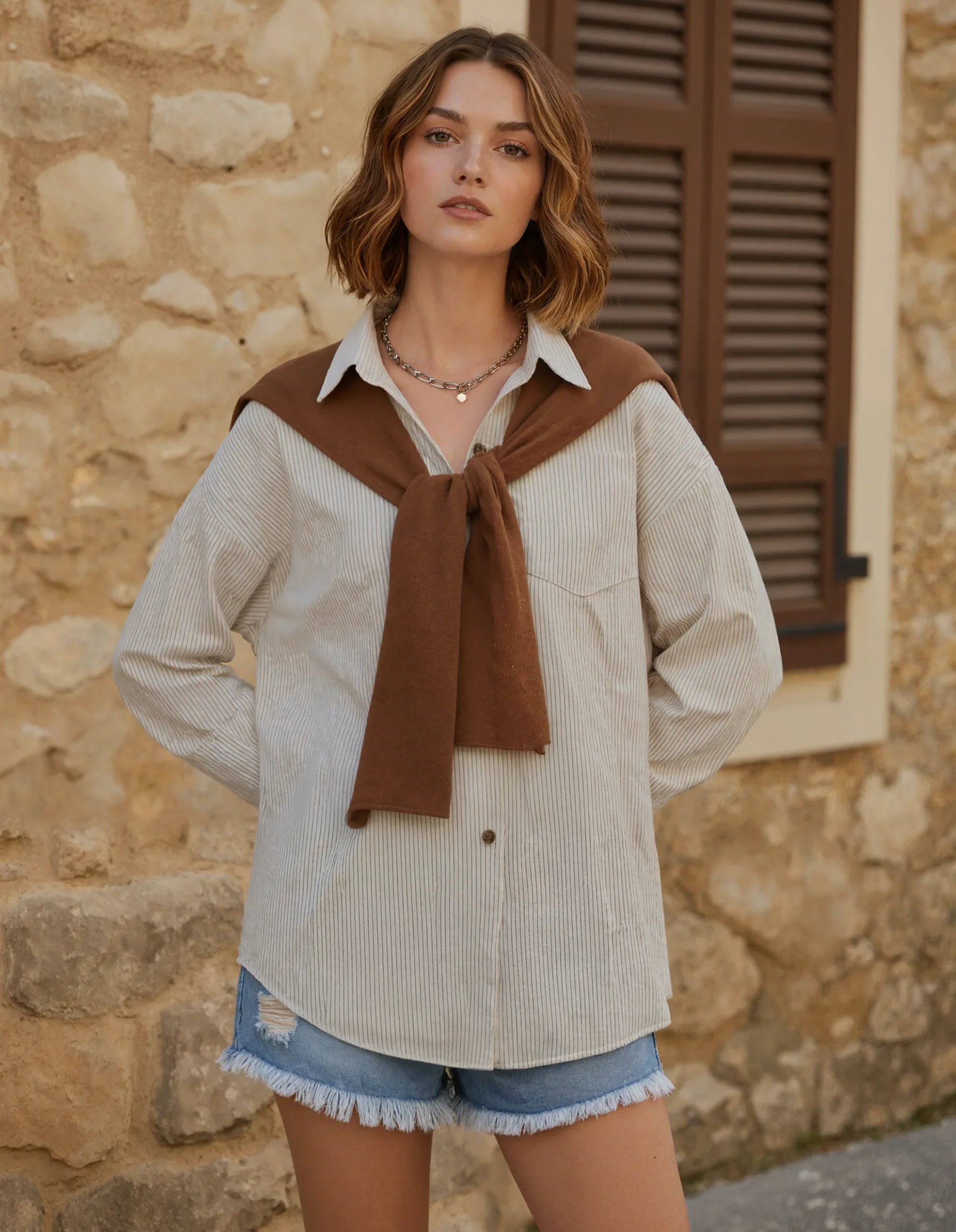 Preppy Striped Button Up with Tied Sweater