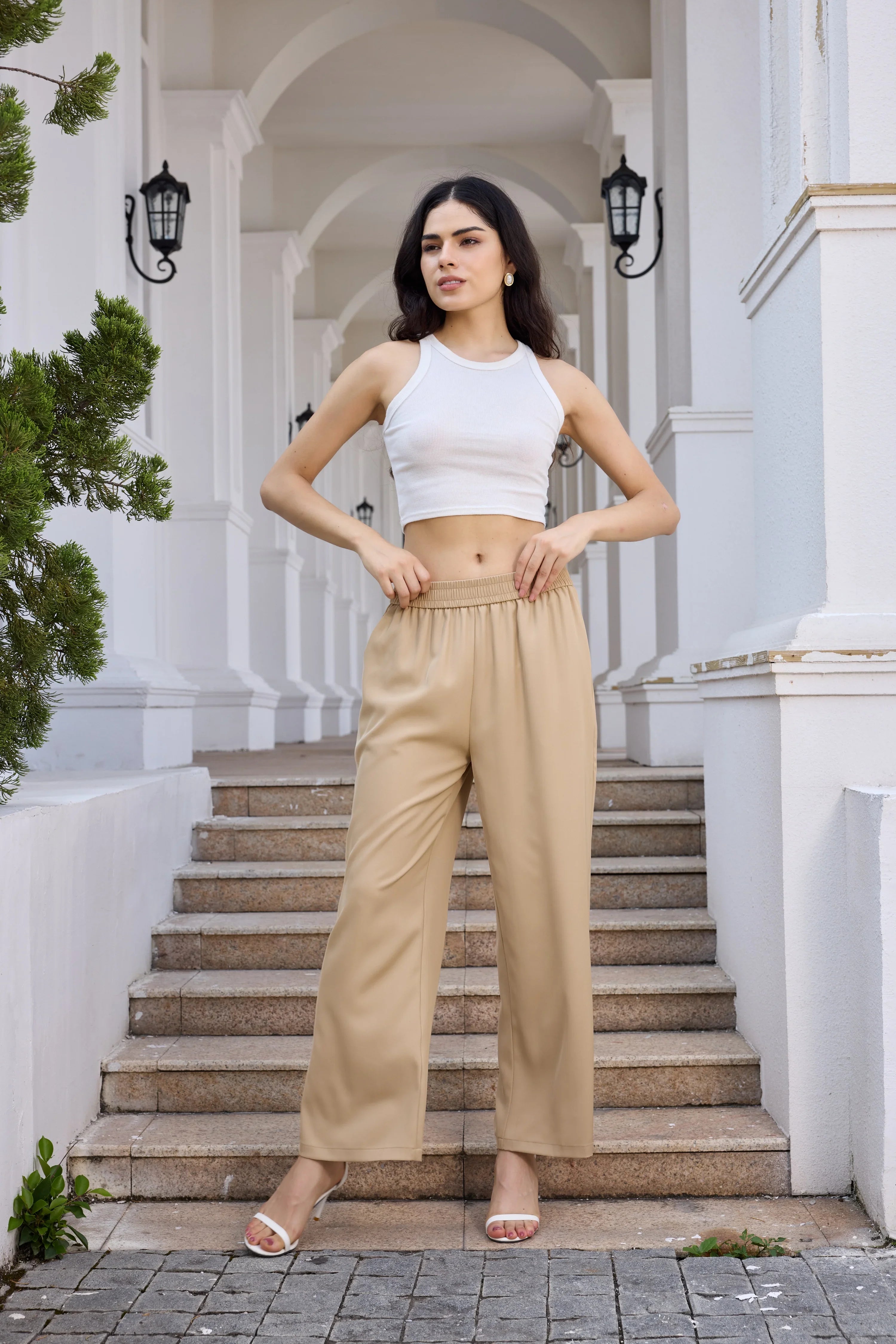 Palazzo Pants Warm Flannel Blend High Waist Wide Leg Trousers with Pockets Autumn Casual Cozy Layering Outfits 2025