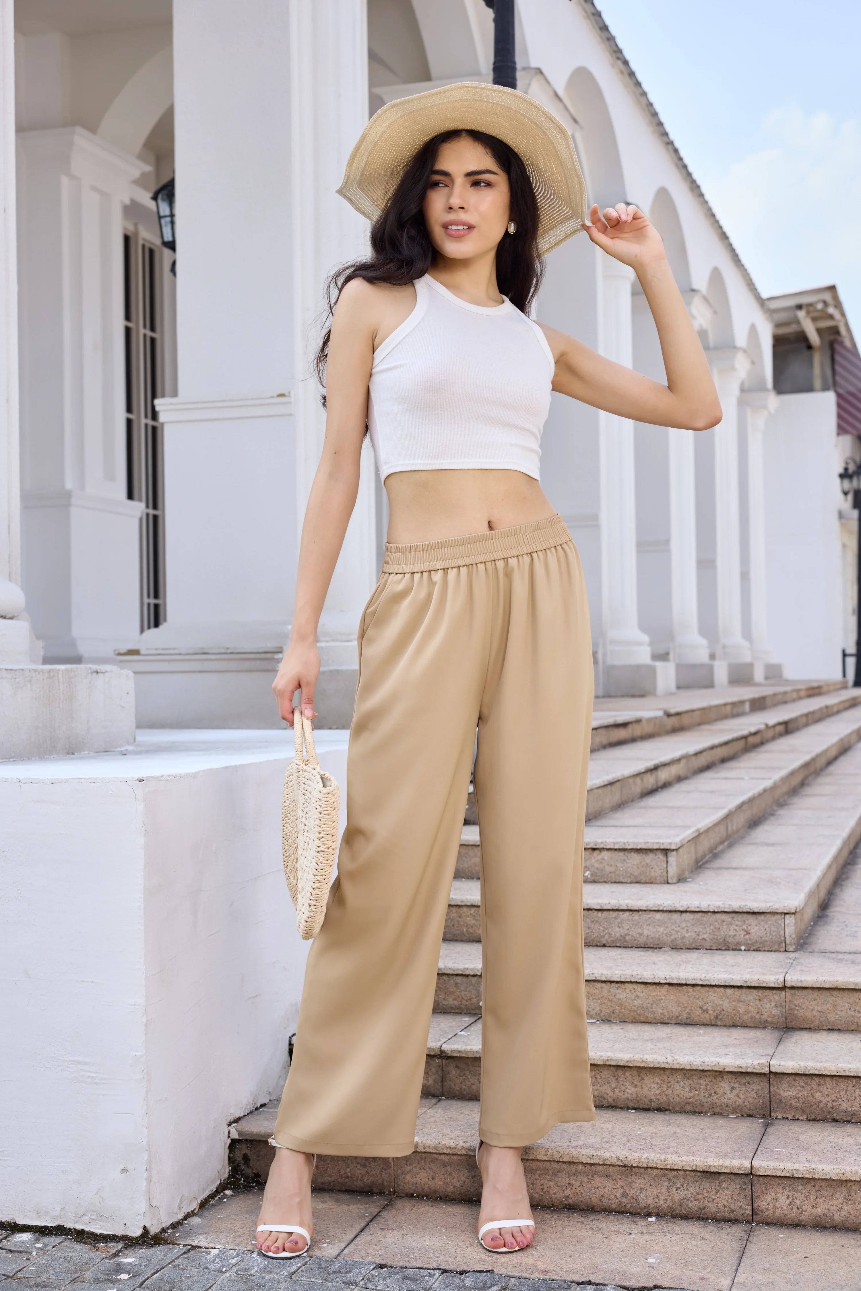 Palazzo Pants Warm Flannel Blend High Waist Wide Leg Trousers with Pockets Autumn Casual Cozy Layering Outfits 2025