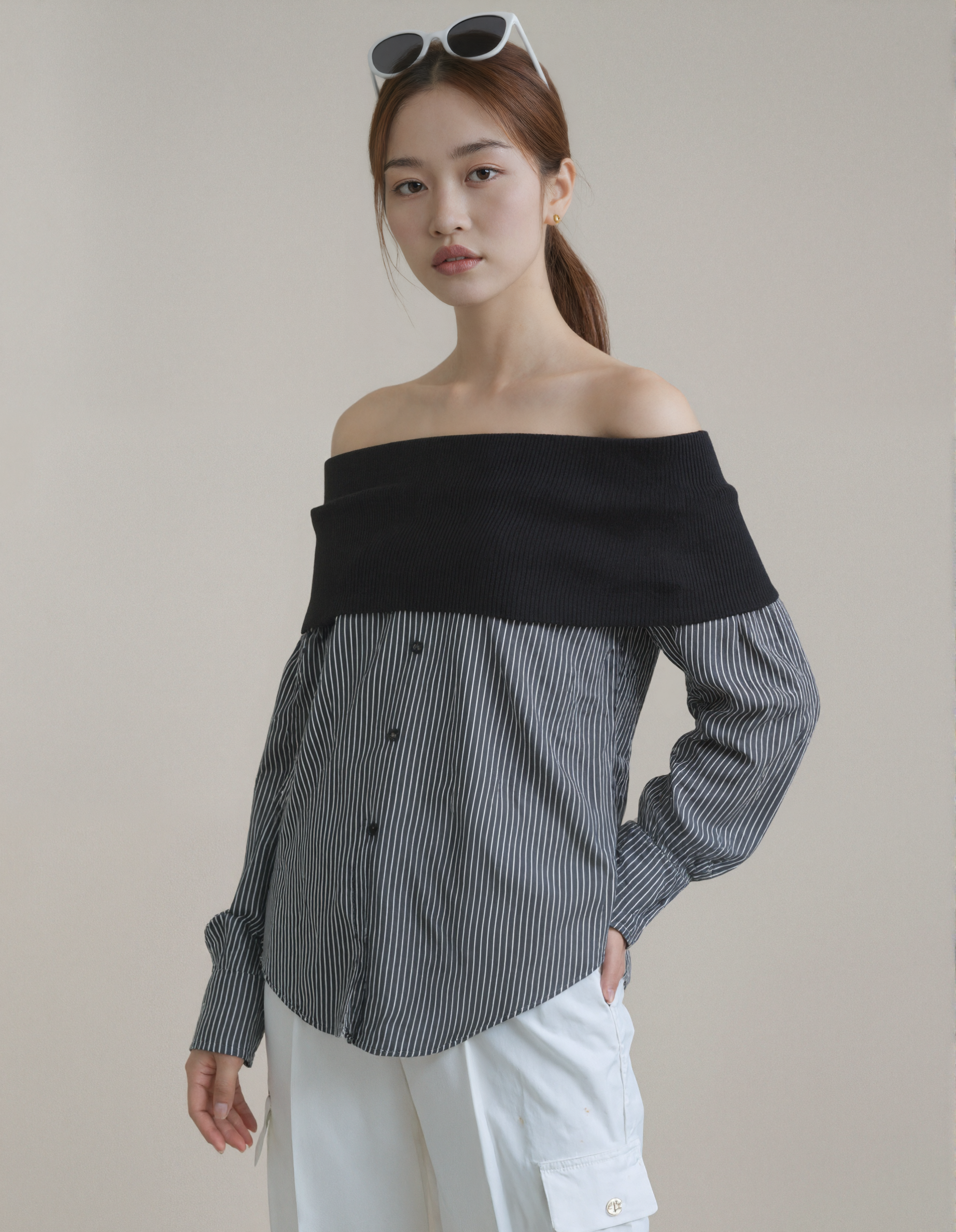 Fashion Off-Shoulder Striped Hybrid Blouse