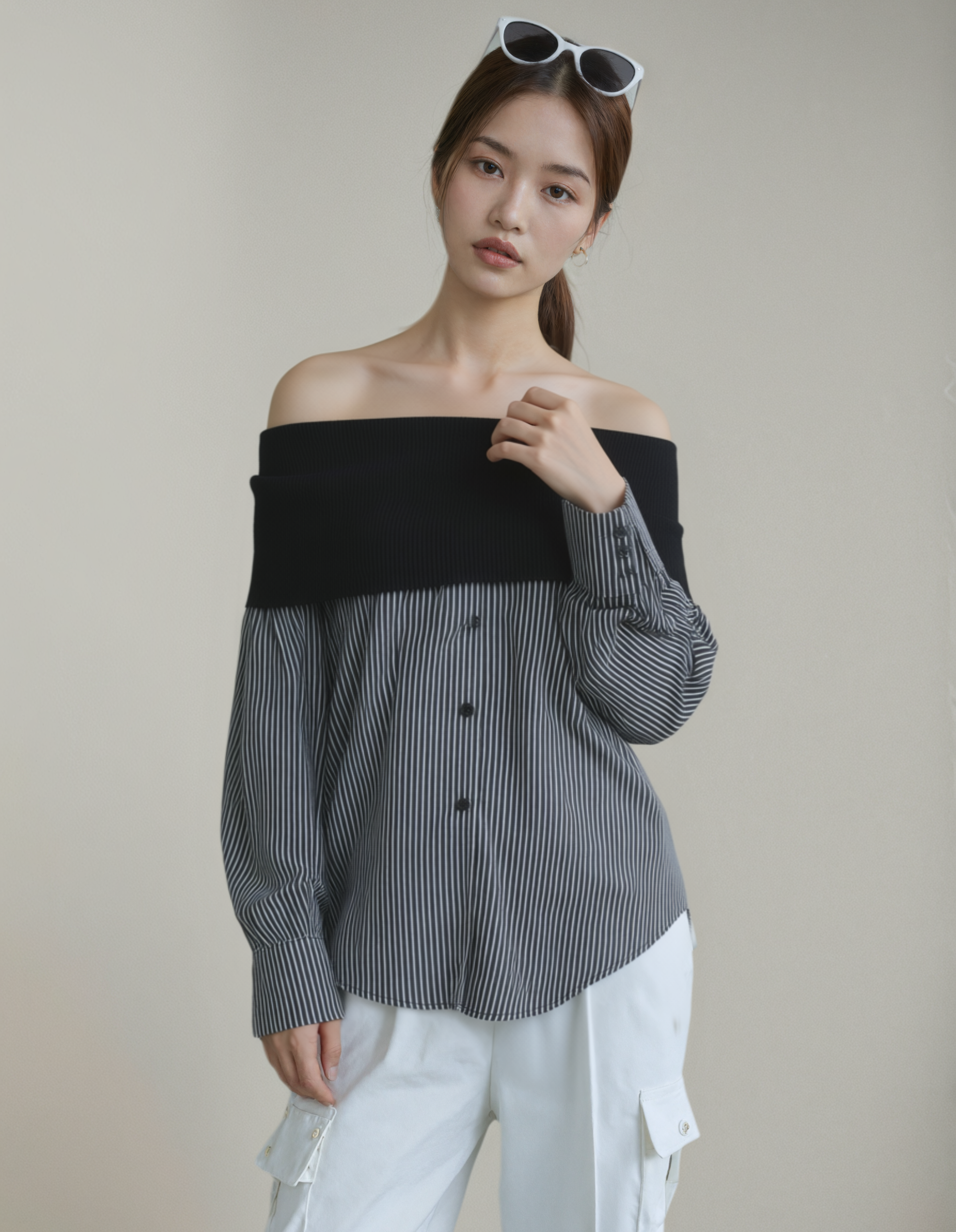 Fashion Off-Shoulder Striped Hybrid Blouse