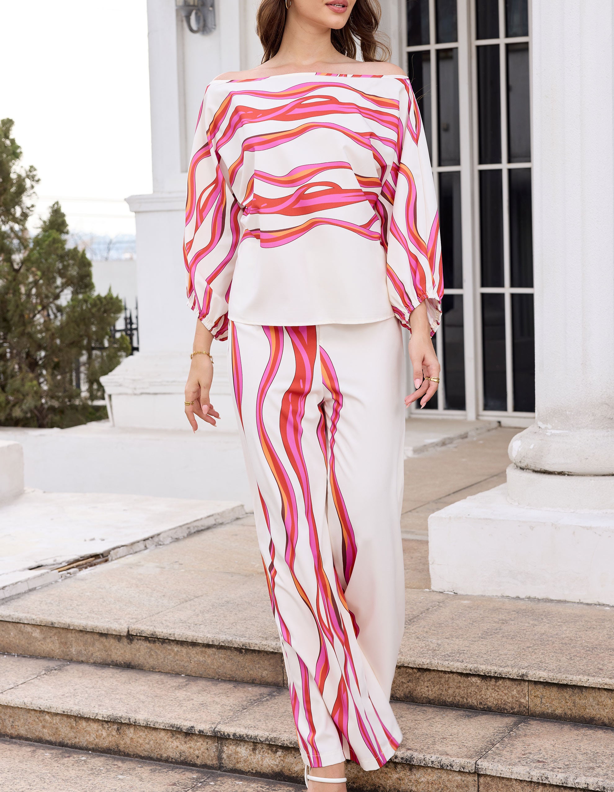 Women's Pink Wavy Striped Tops and Pants 2 - Piece Set - Pink & White Off - Shoulder Loose Fit Party Date Outfit - HOKONA