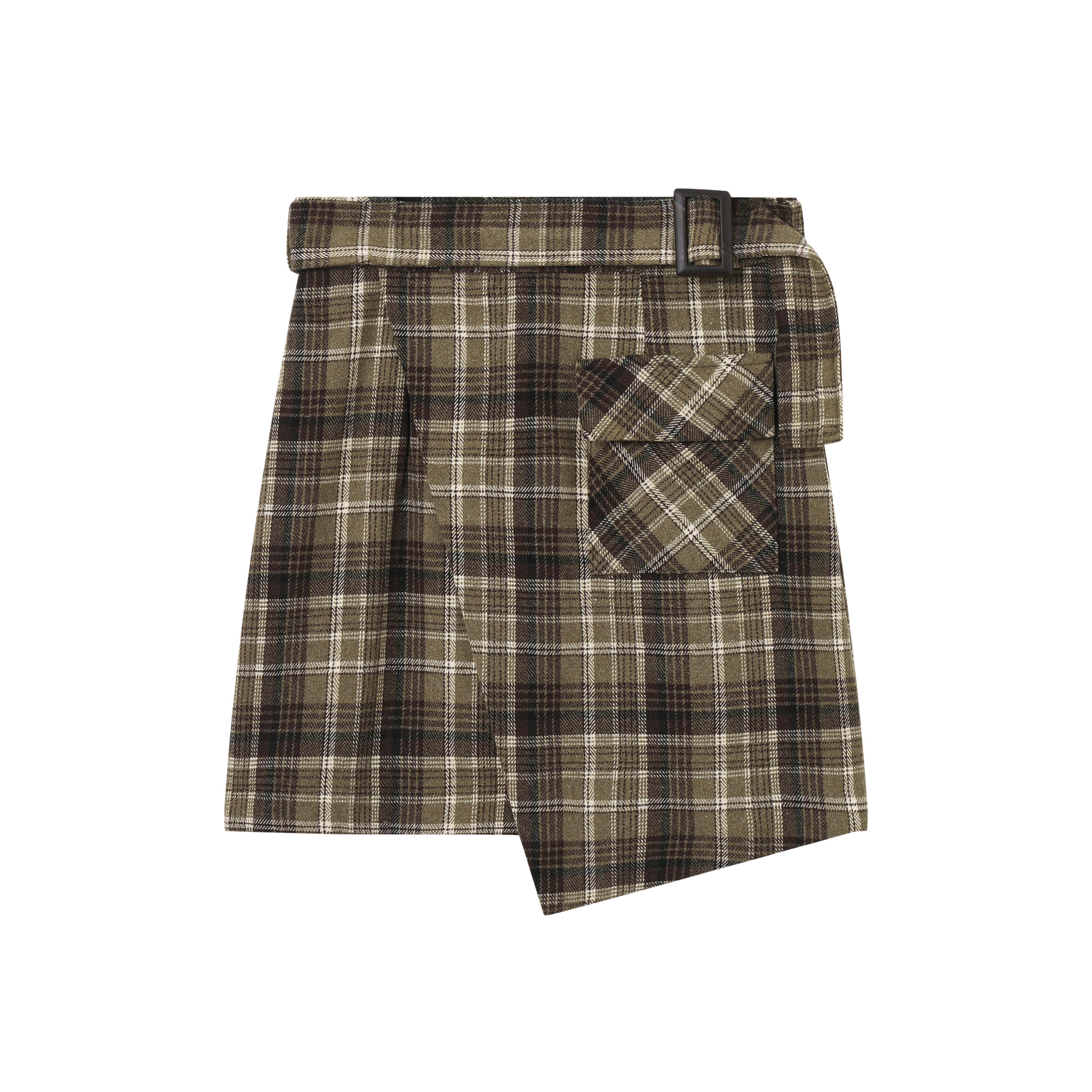 Women's Belted Plaid Asymmetric Mini Skirt