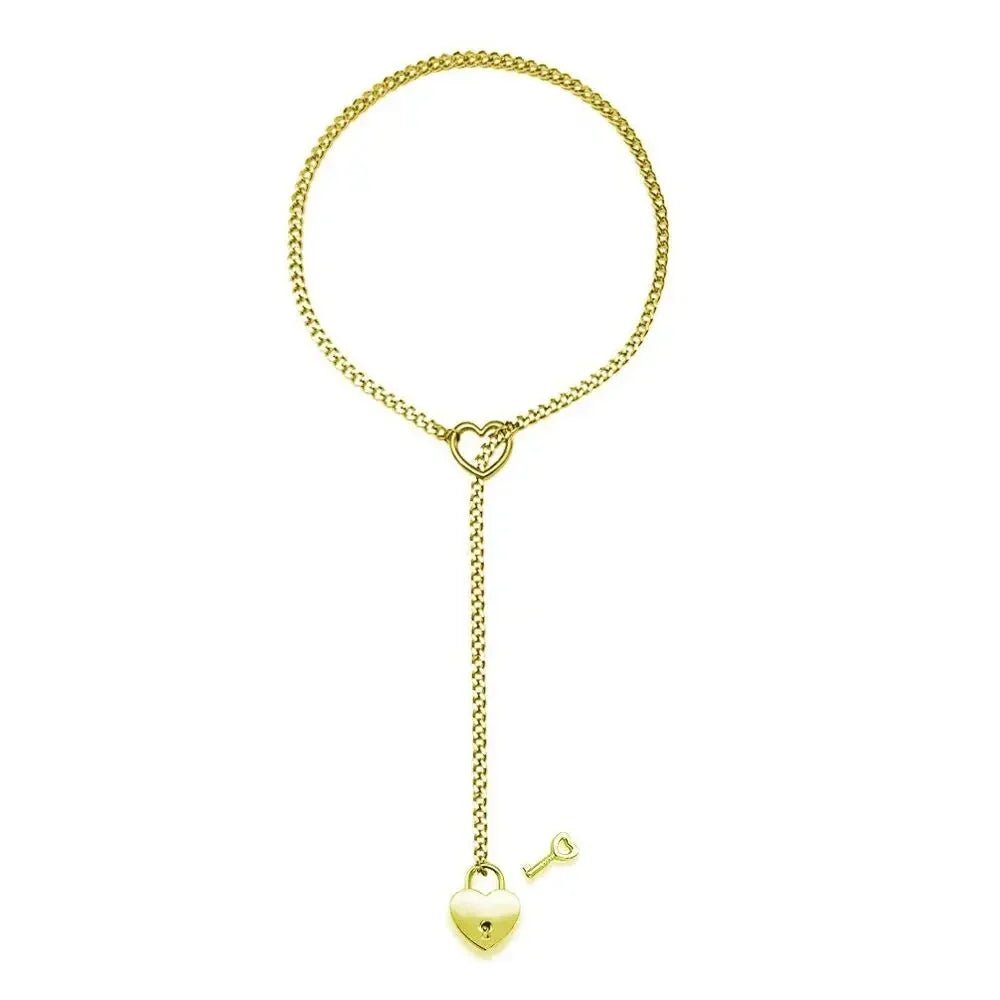 Adjustable Heart O - Ring Punk Rock Cuban Chain Necklace – Lariat Y - Style Necklace with Key & Heart Lock Pendant - HOKONA